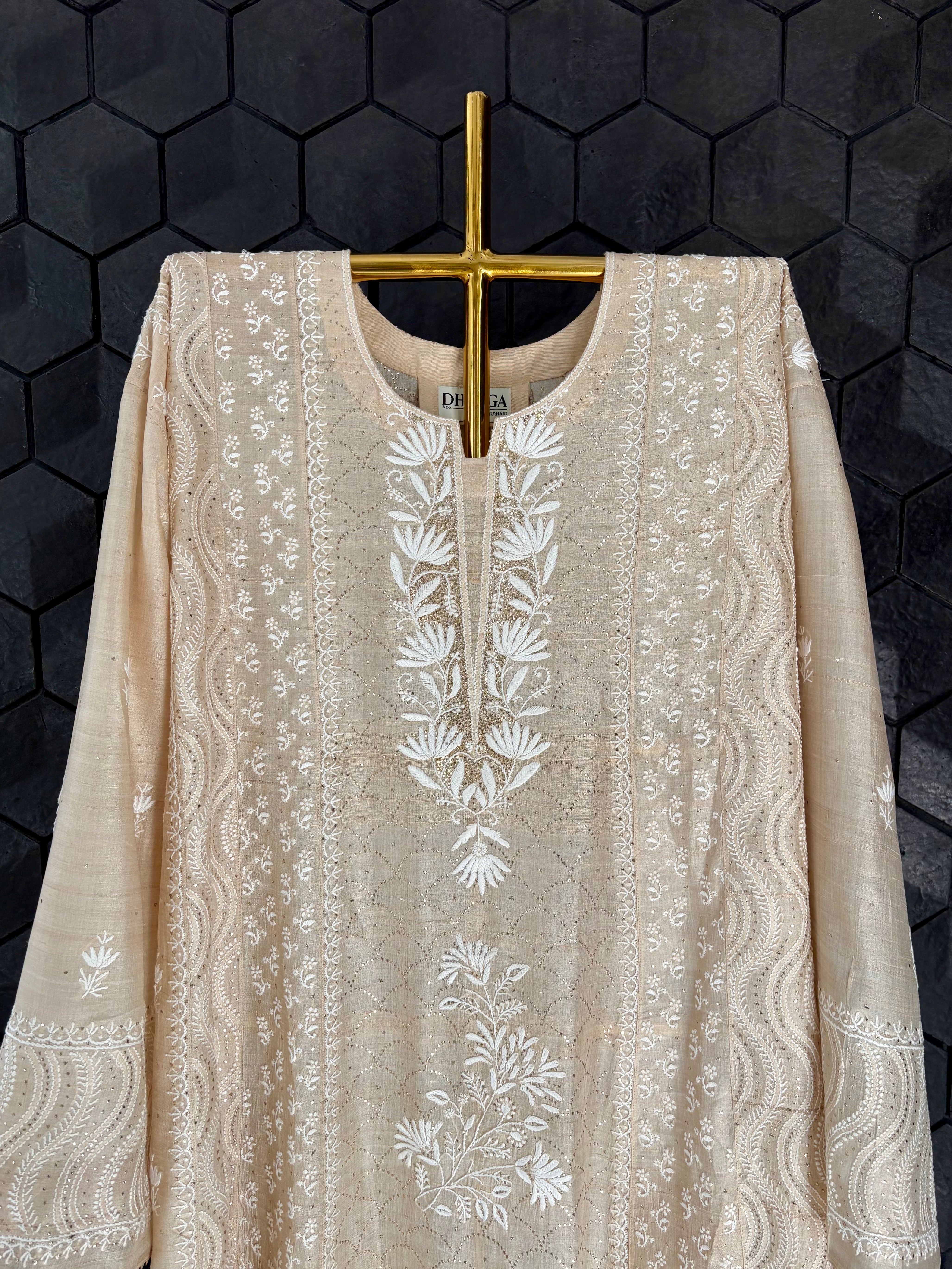 Beige Tissue Mukaish Chikankari Kurta Set