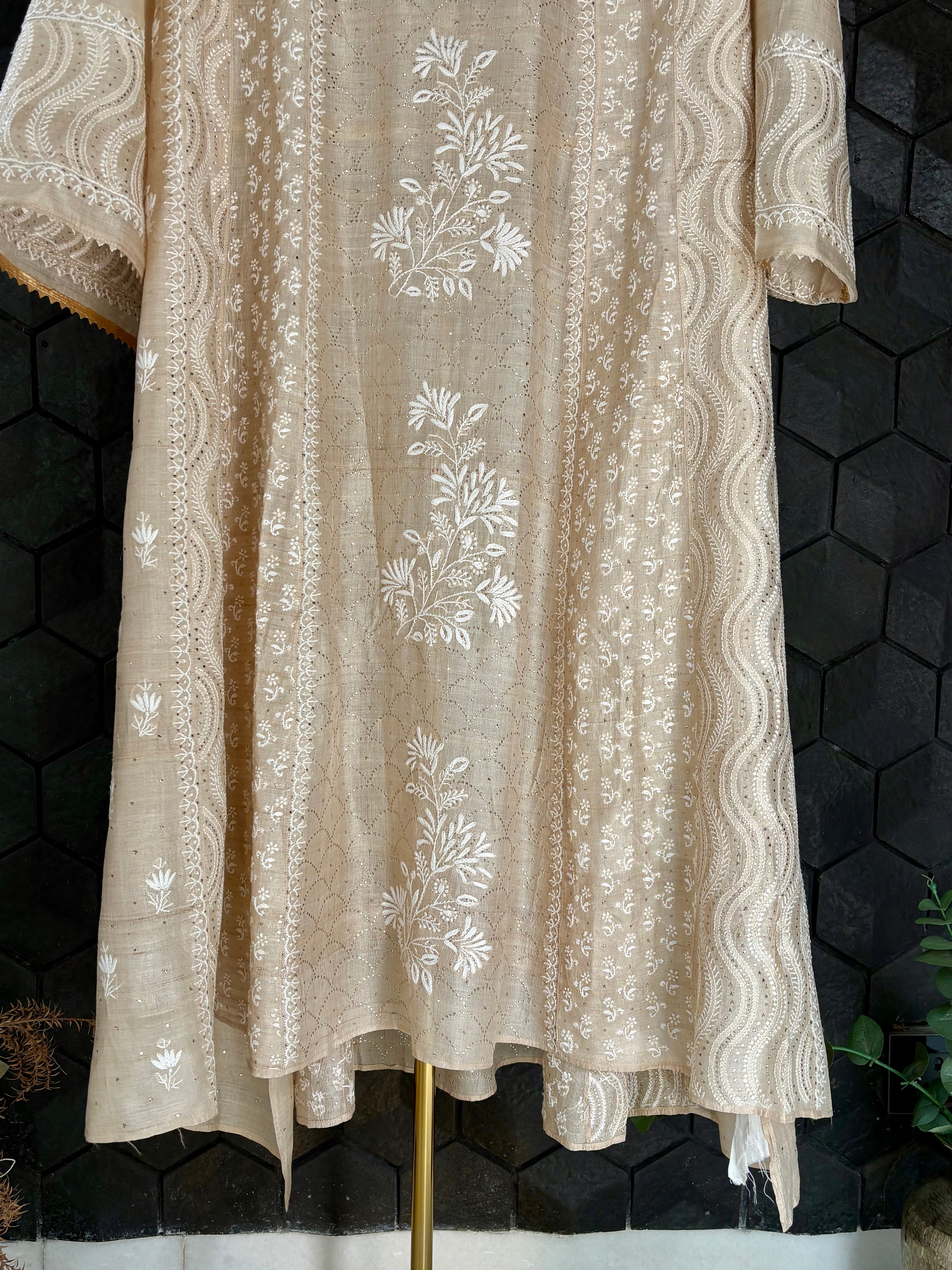 Beige Tissue Mukaish Chikankari Kurta Set