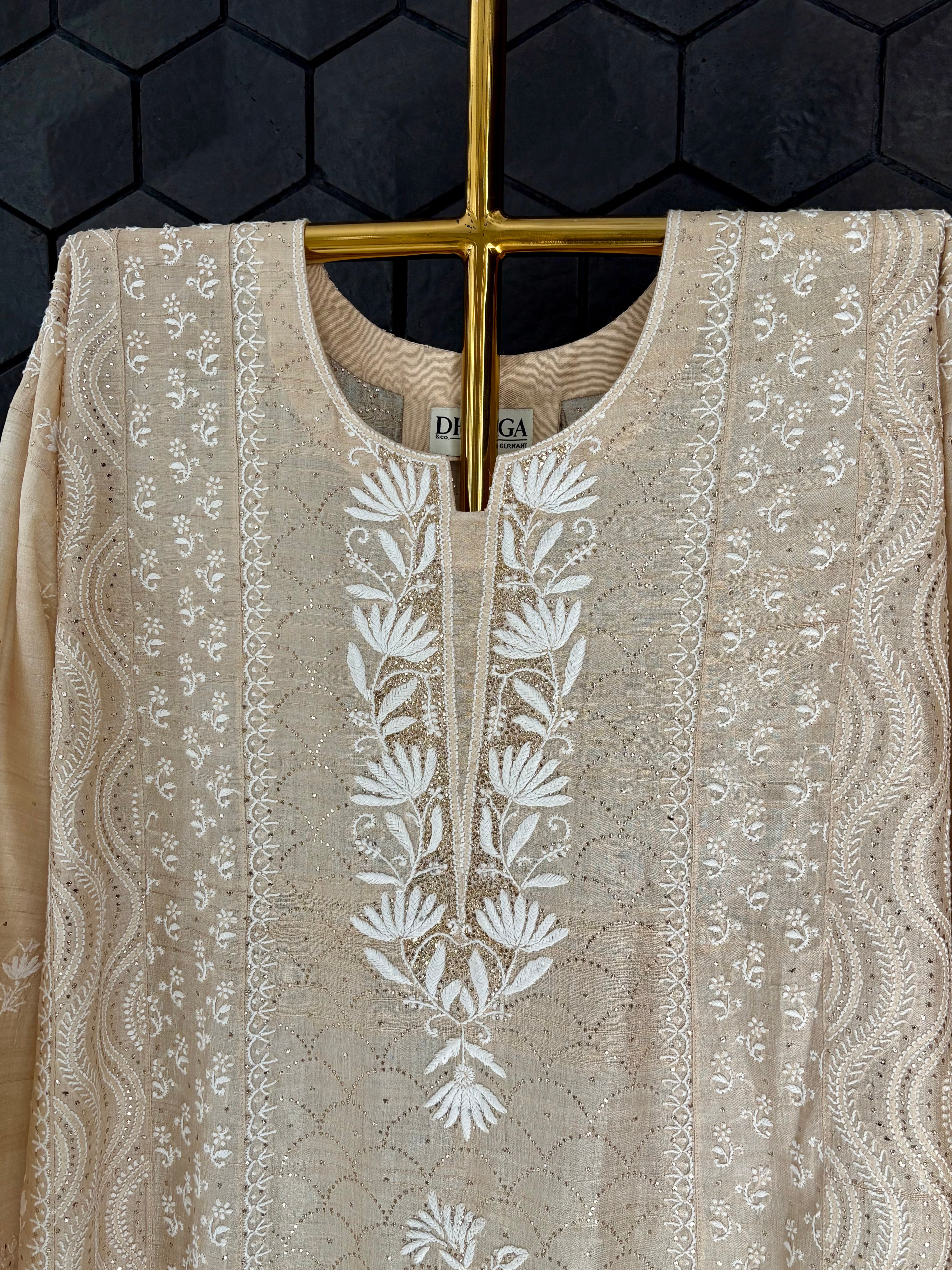Beige Tissue Mukaish Chikankari Kurta Set