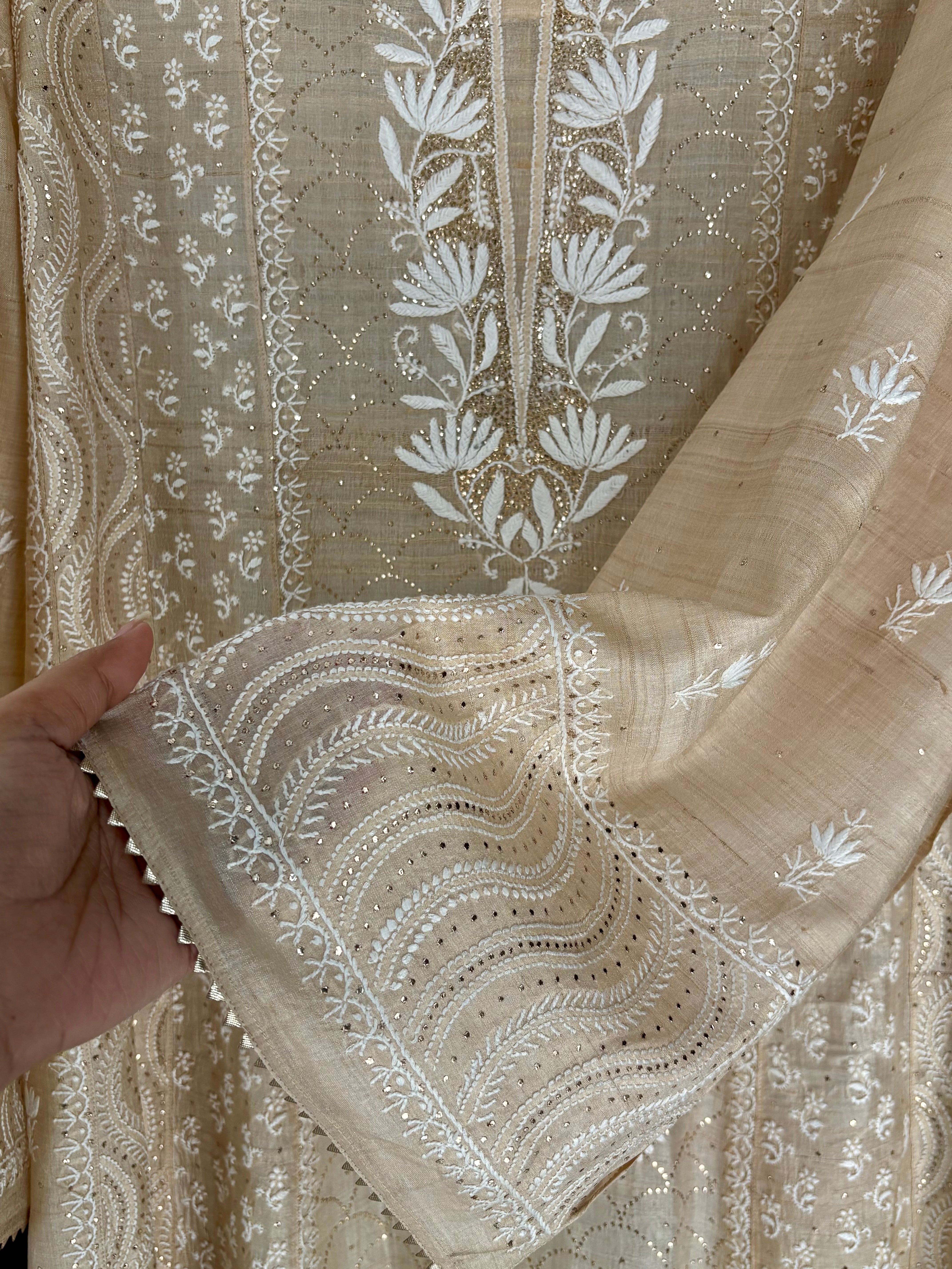 Beige Tissue Mukaish Chikankari Kurta Set