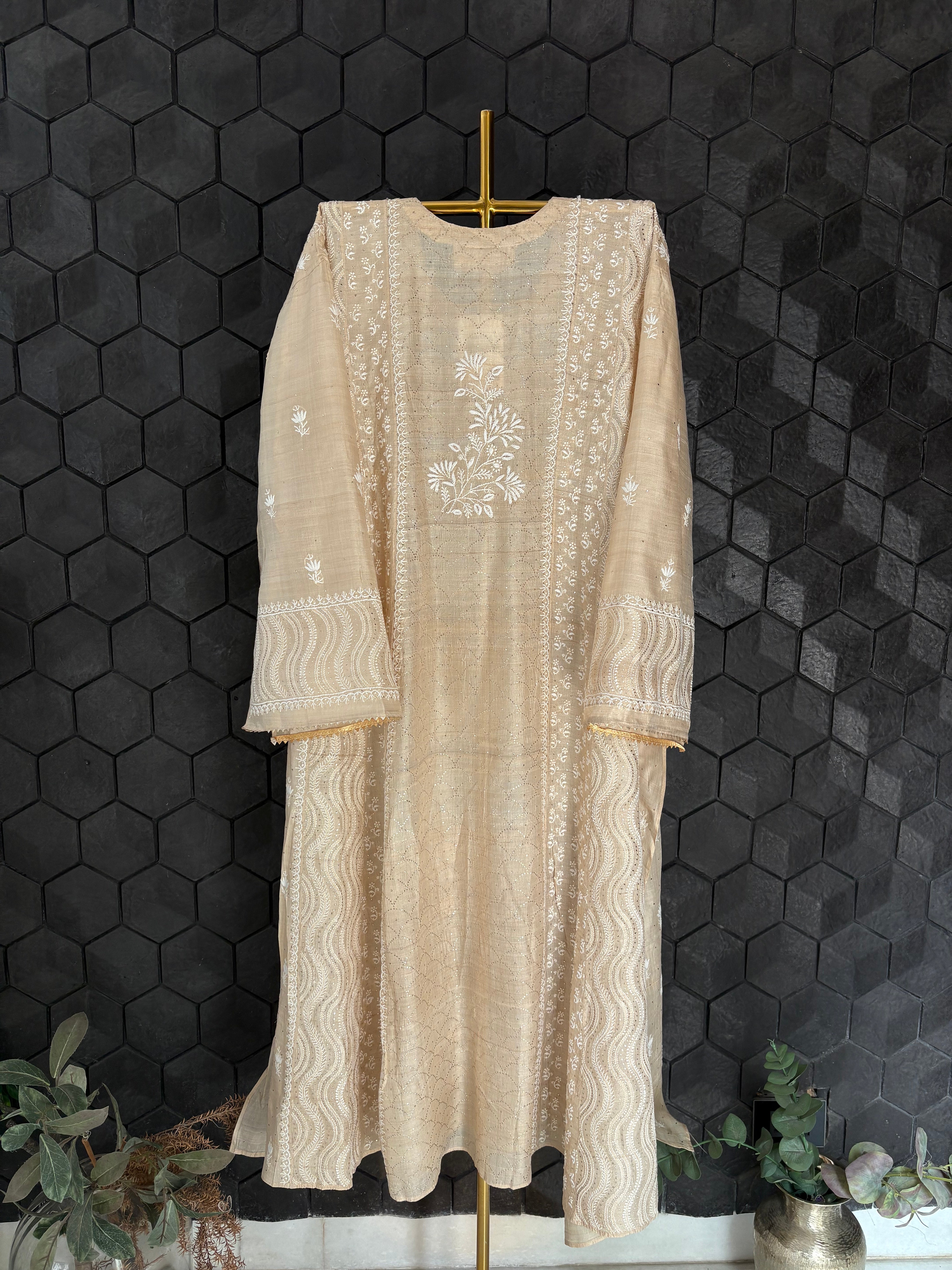Beige Tissue Mukaish Chikankari Kurta Set