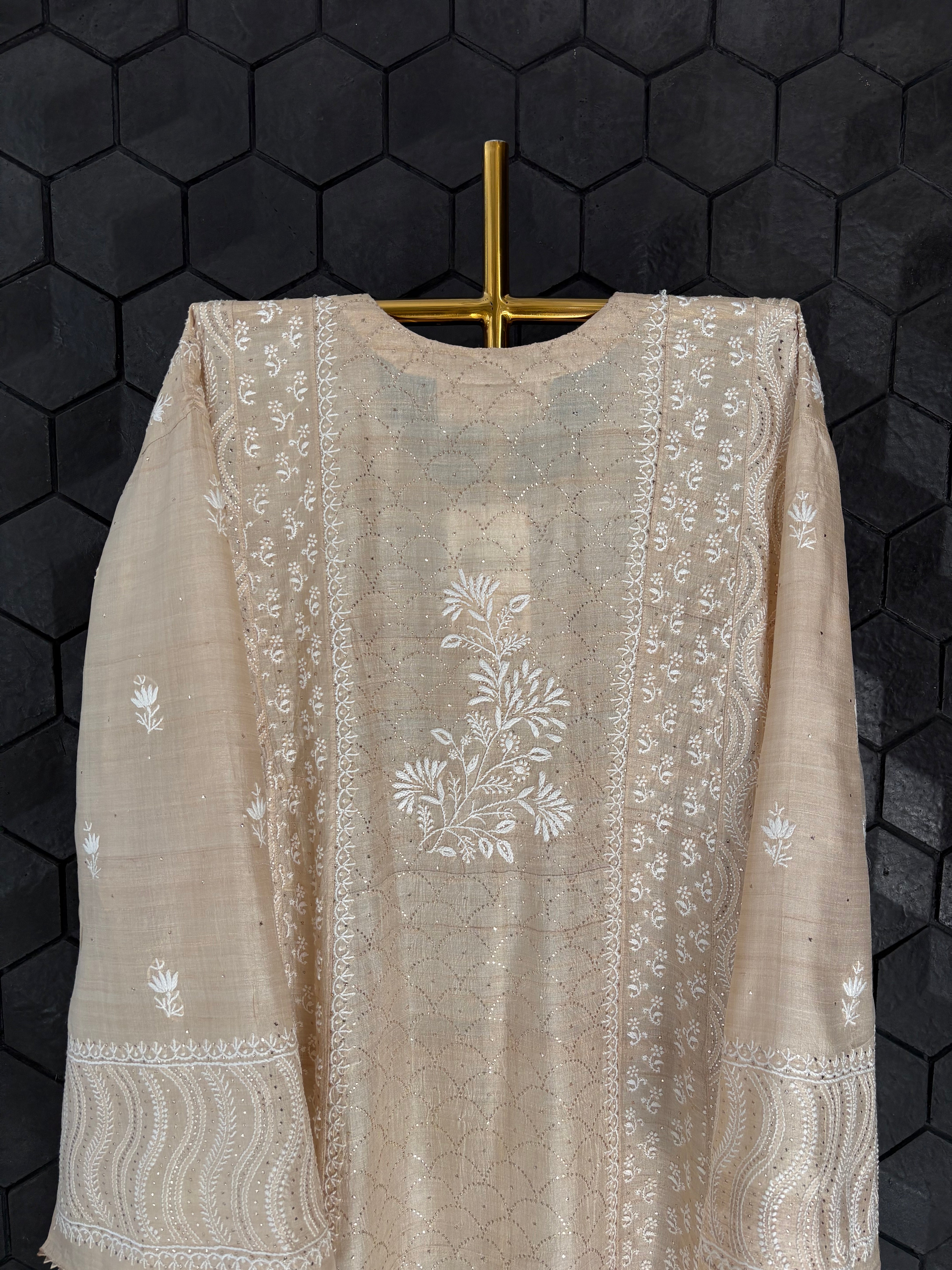 Beige Tissue Mukaish Chikankari Kurta Set