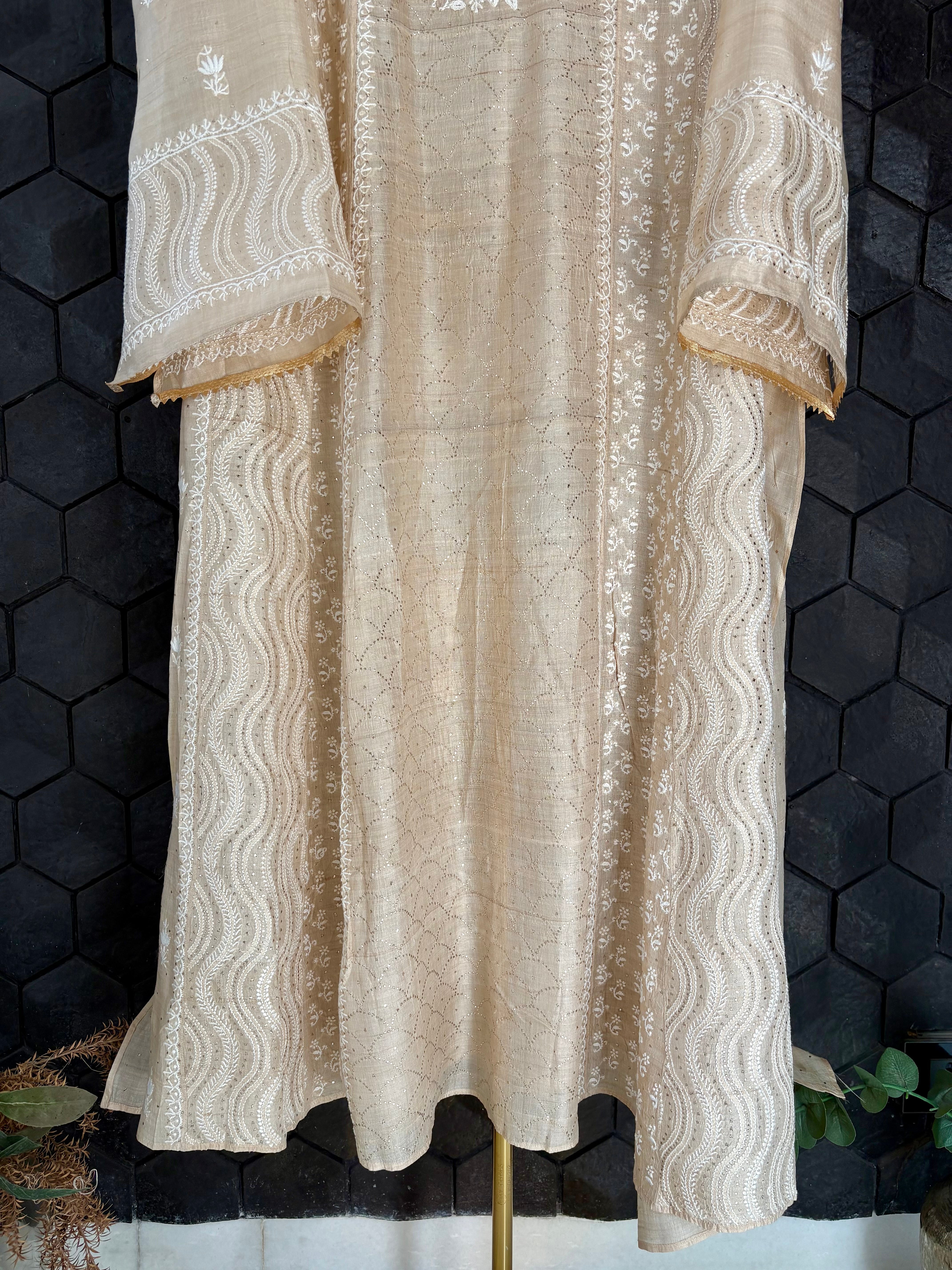 Beige Tissue Mukaish Chikankari Kurta Set