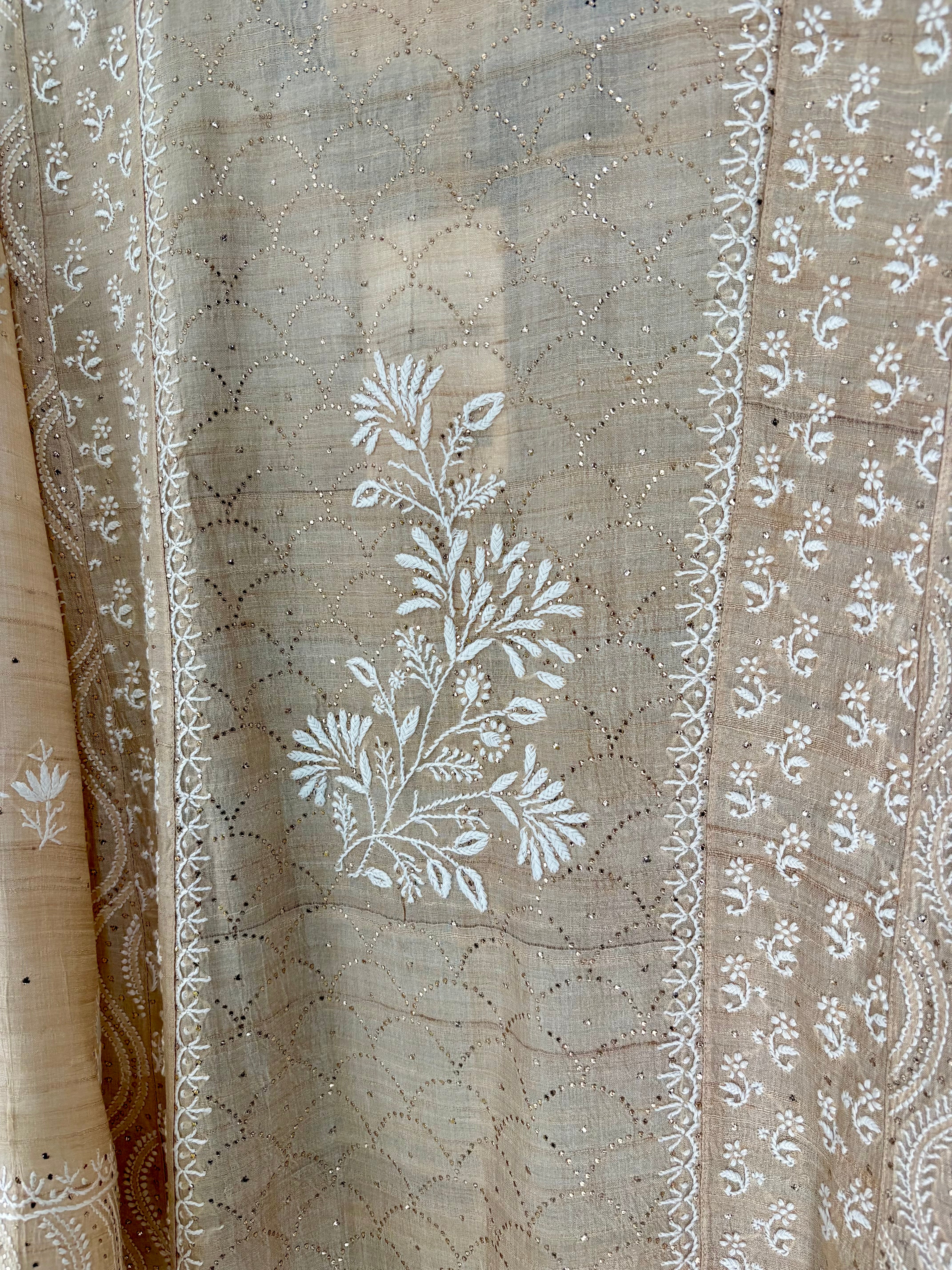 Beige Tissue Mukaish Chikankari Kurta Set