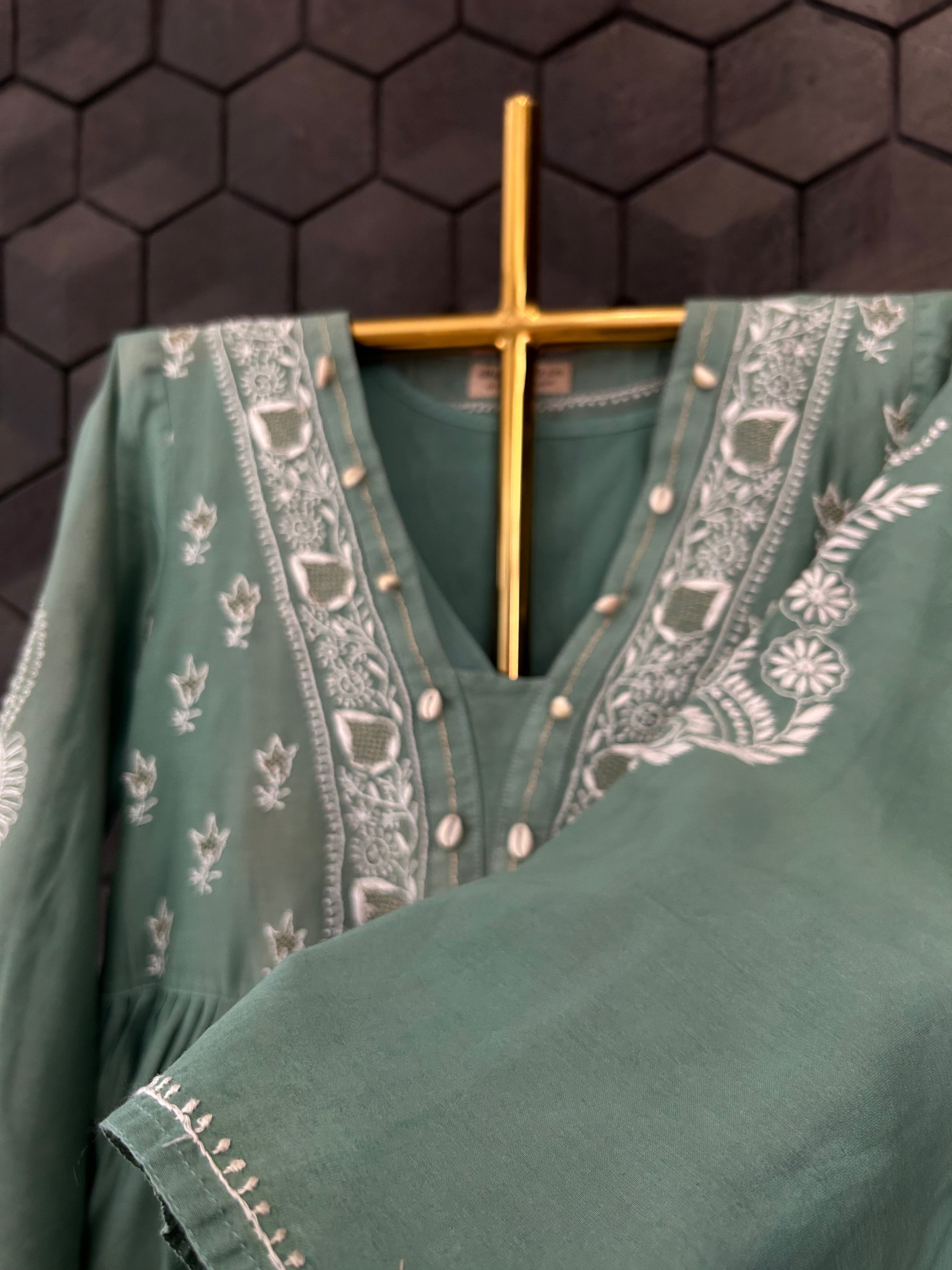 Teal Green Chanderi Chikankari Kaftan