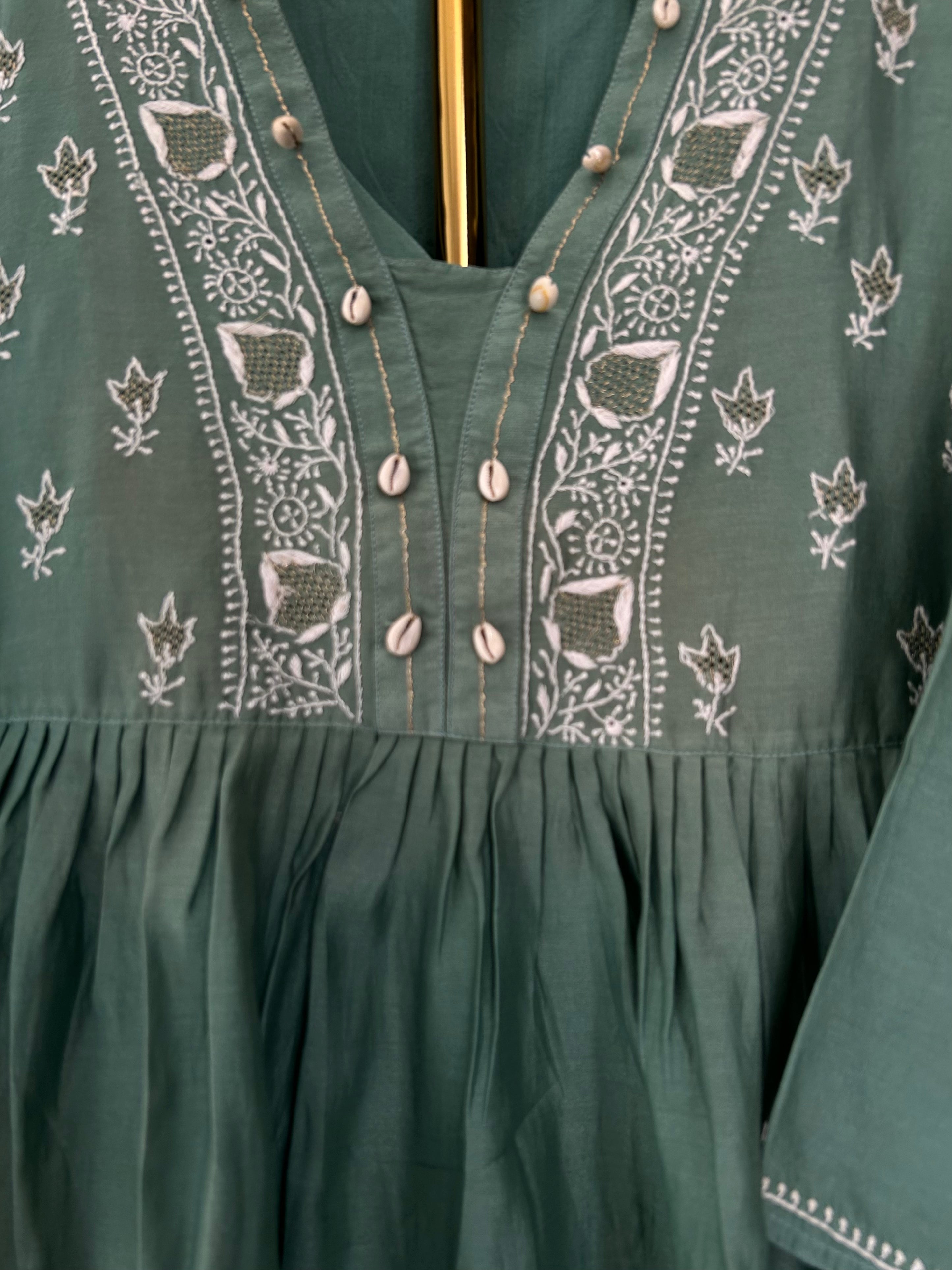 Teal Green Chanderi Chikankari Kaftan