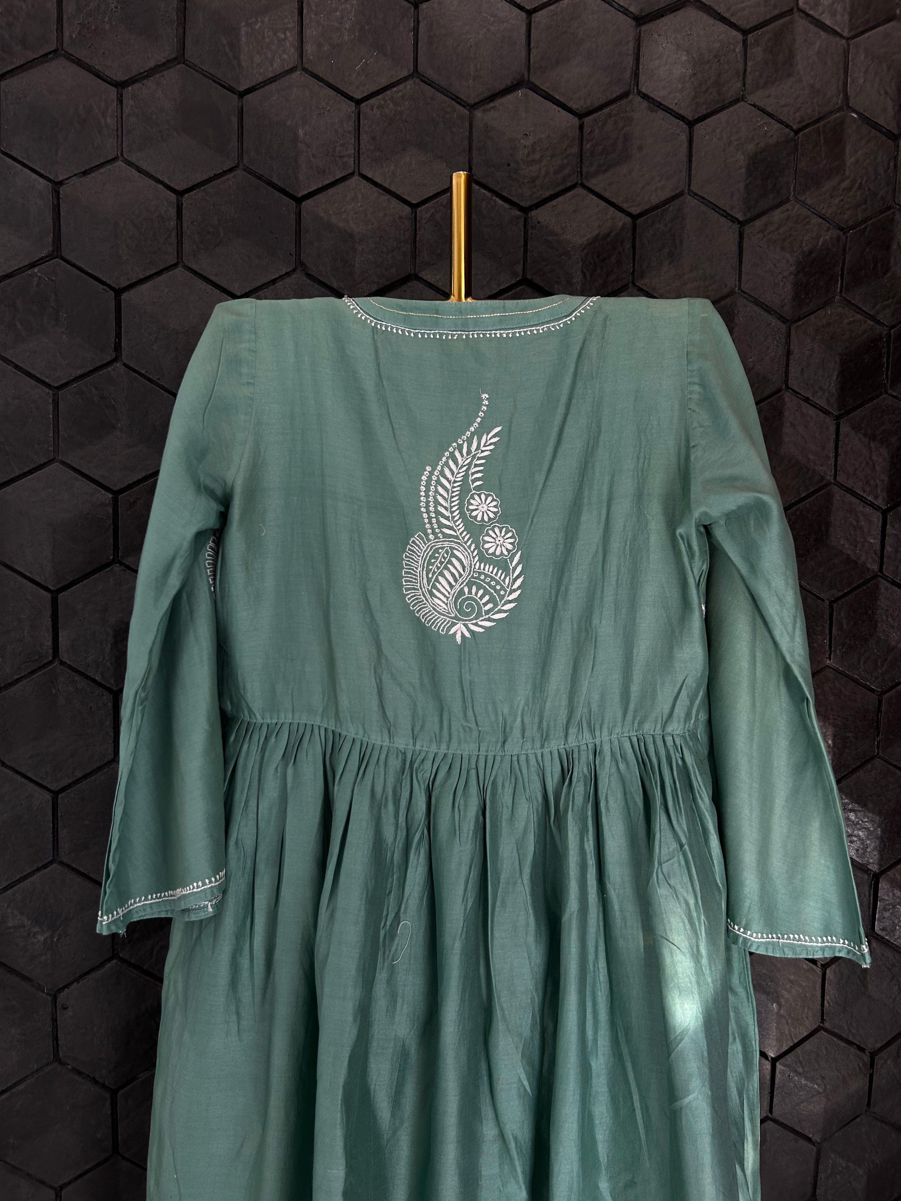 Teal Green Chanderi Chikankari Kaftan