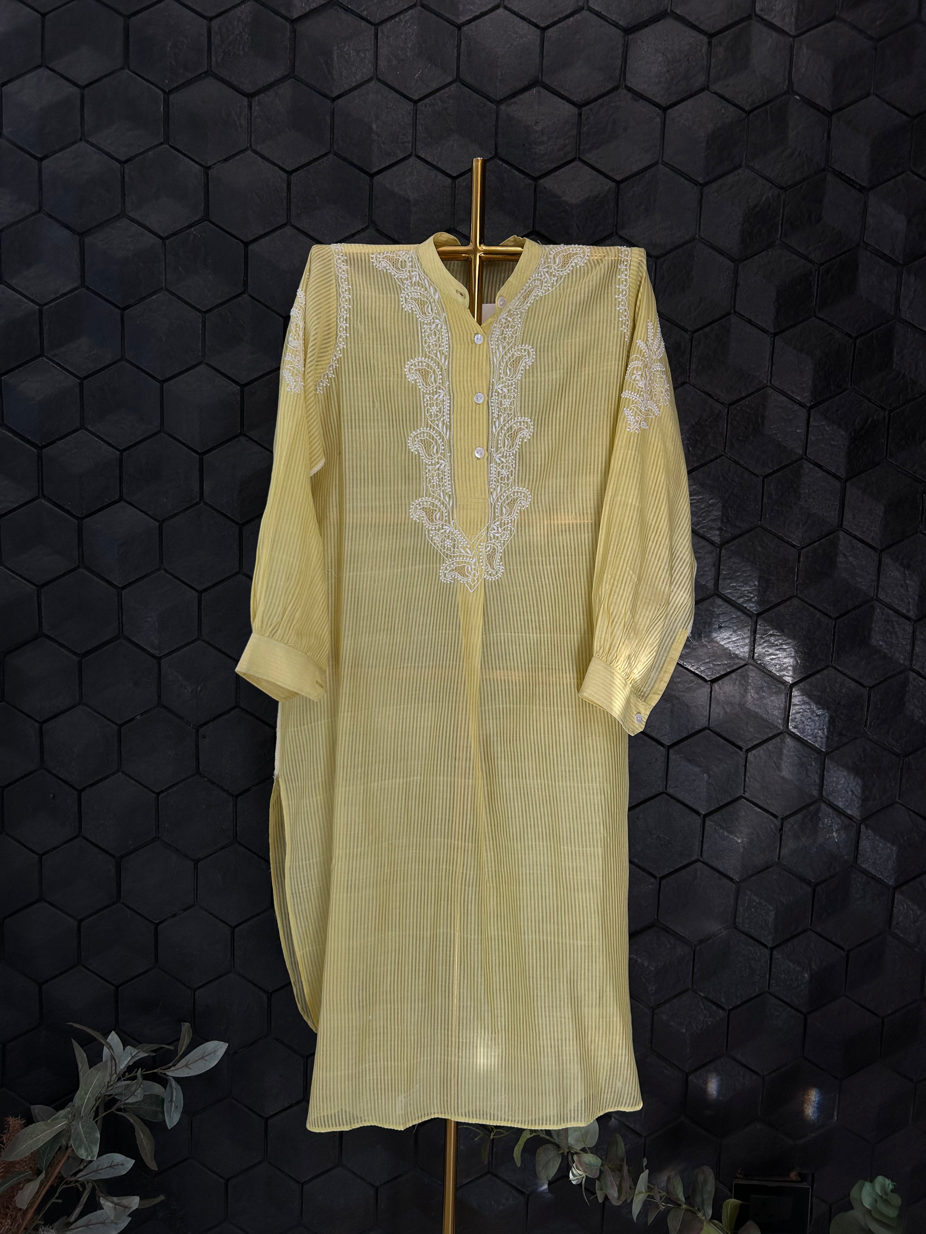 Lime Yellow Chanderi Striped Chikankari Kurta