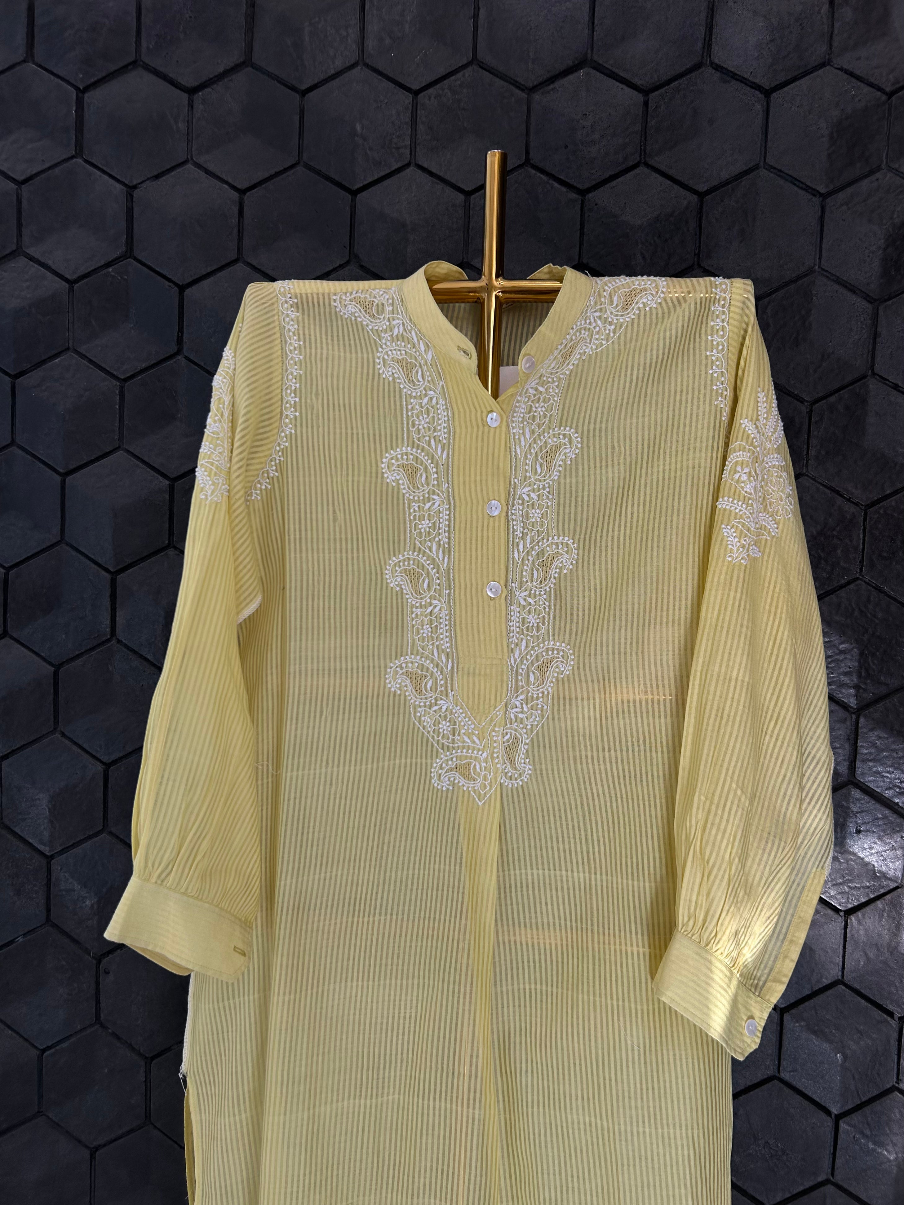 Lime Yellow Chanderi Striped Chikankari Kurta