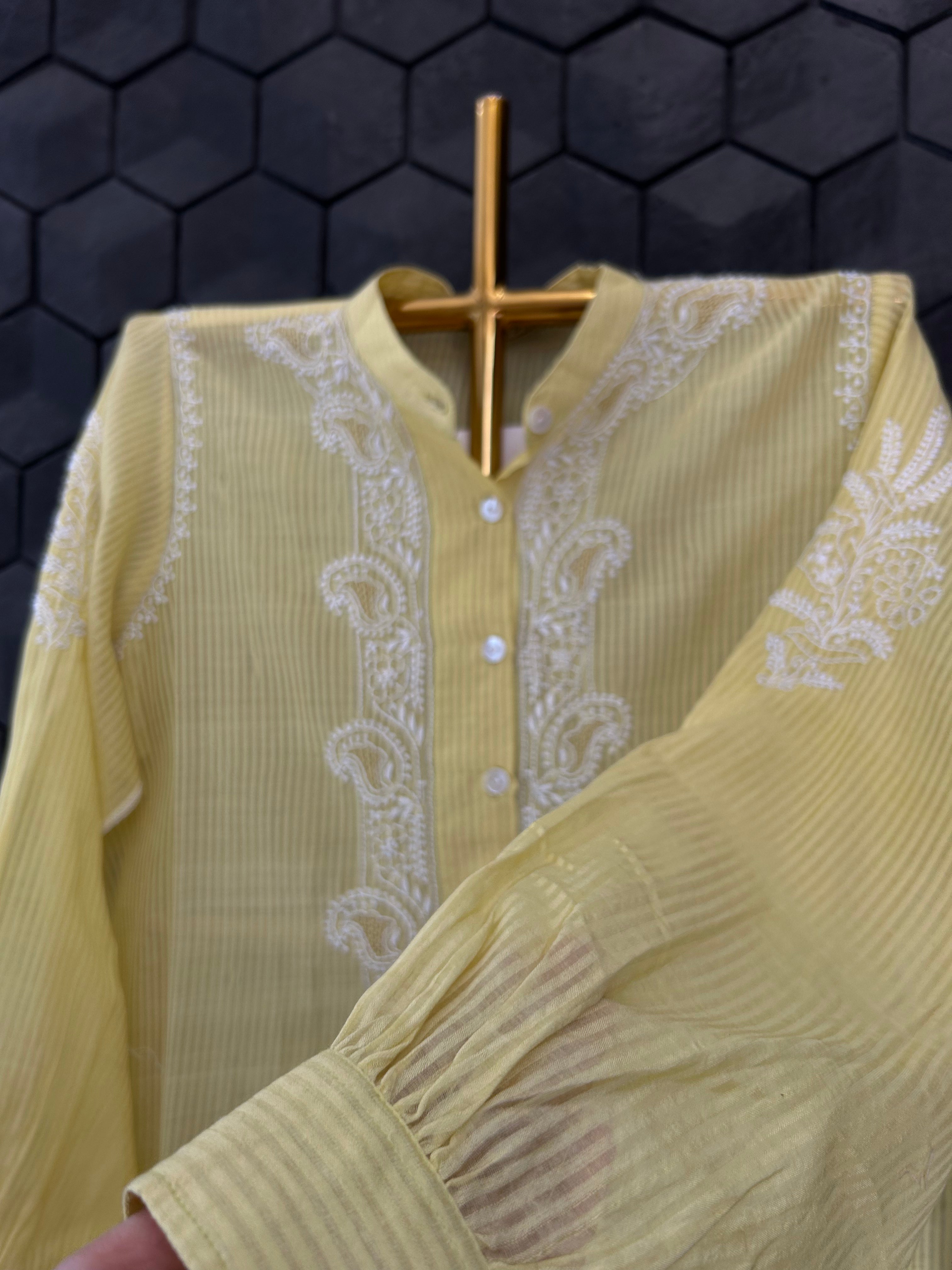 Lime Yellow Chanderi Striped Chikankari Kurta