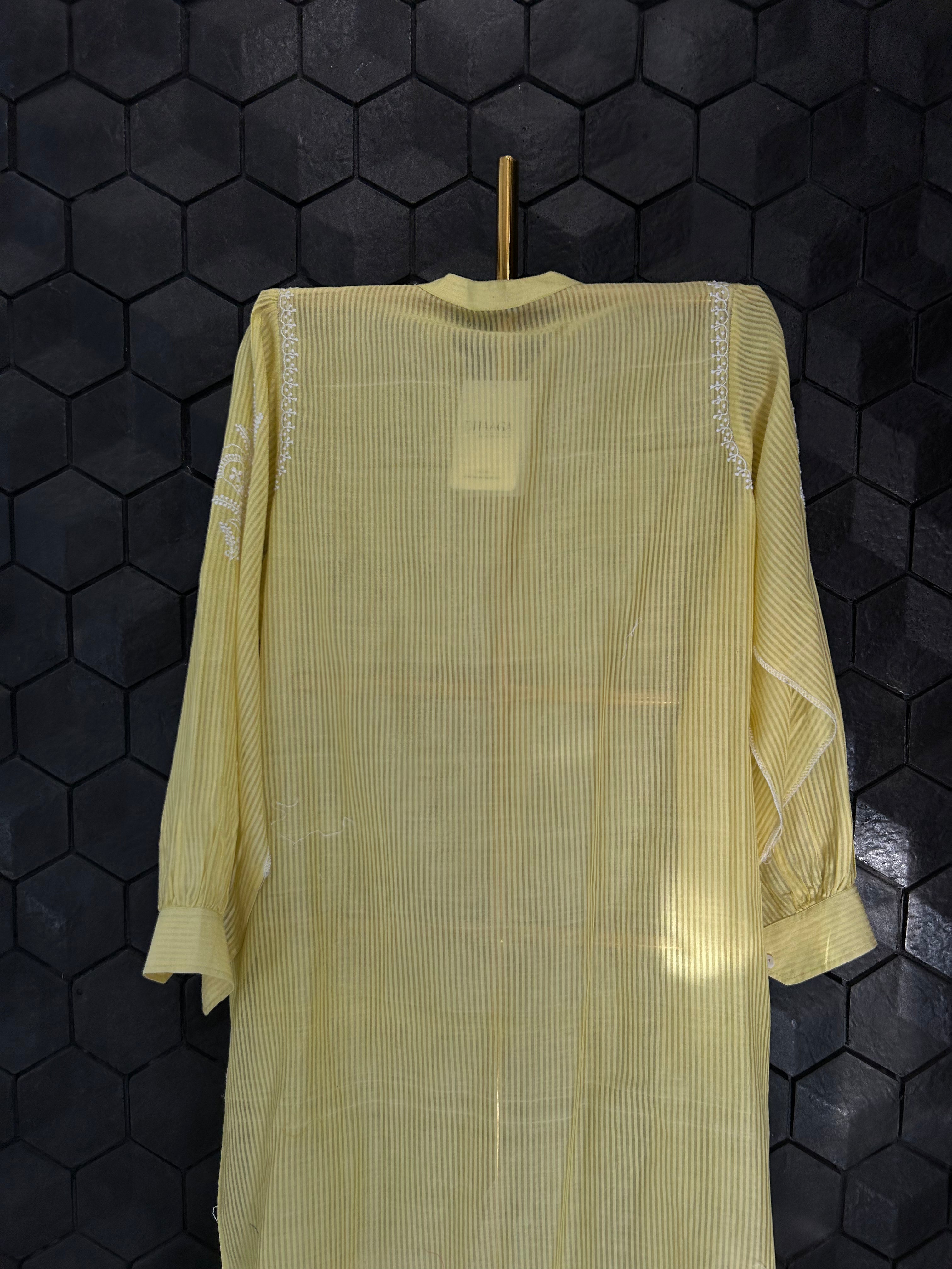 Lime Yellow Chanderi Striped Chikankari Kurta