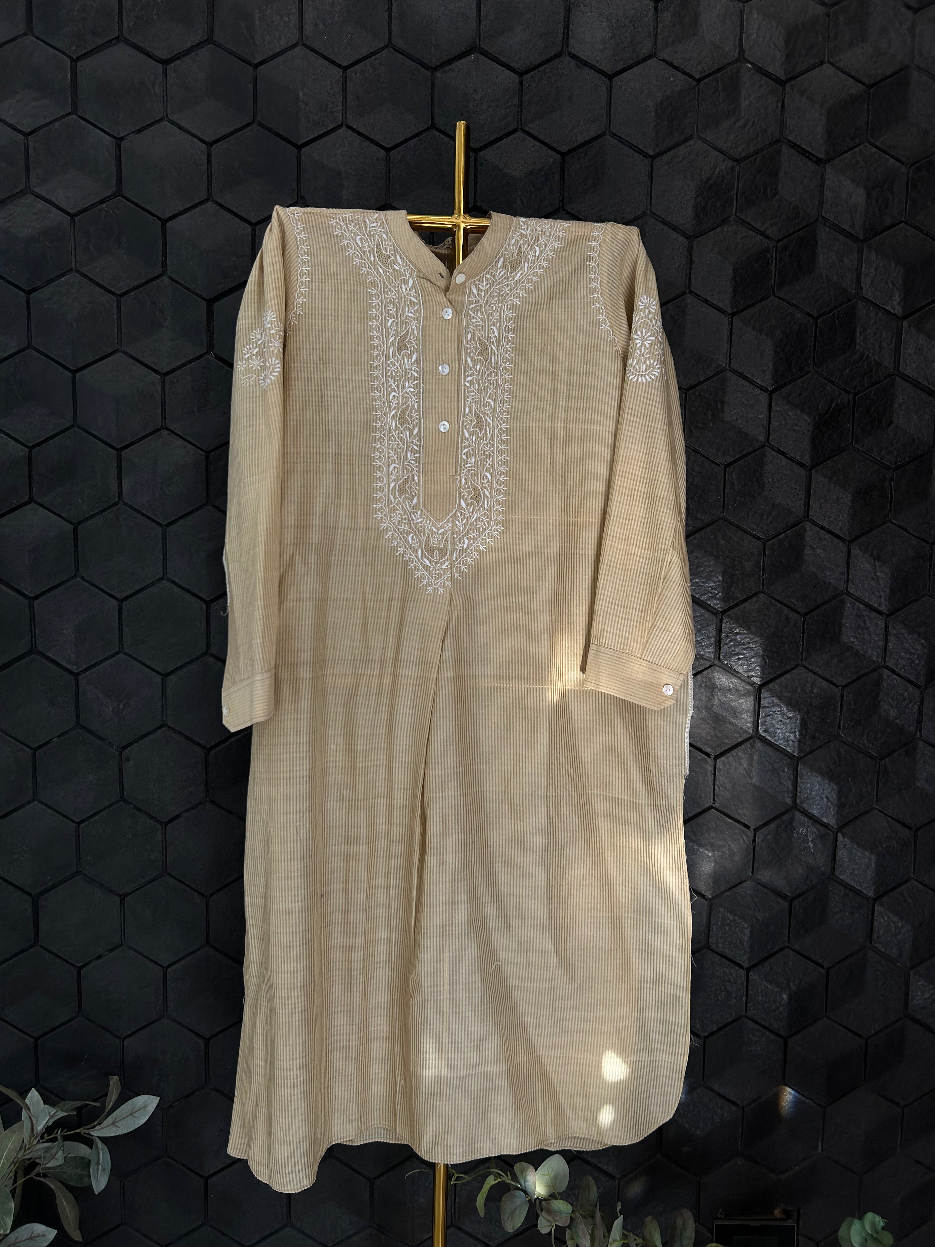 Beige Chanderi Striped Chikankari Kurta