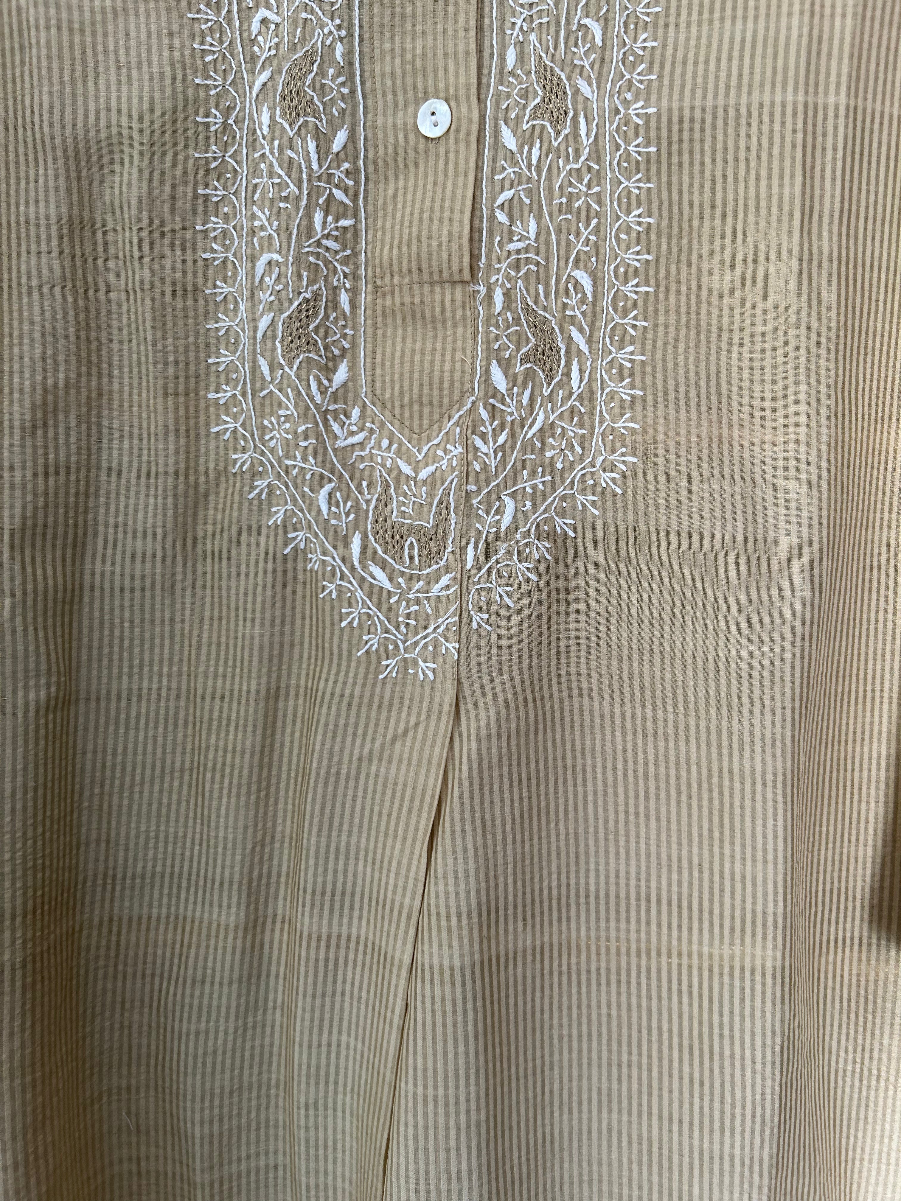 Beige Chanderi Striped Chikankari Kurta