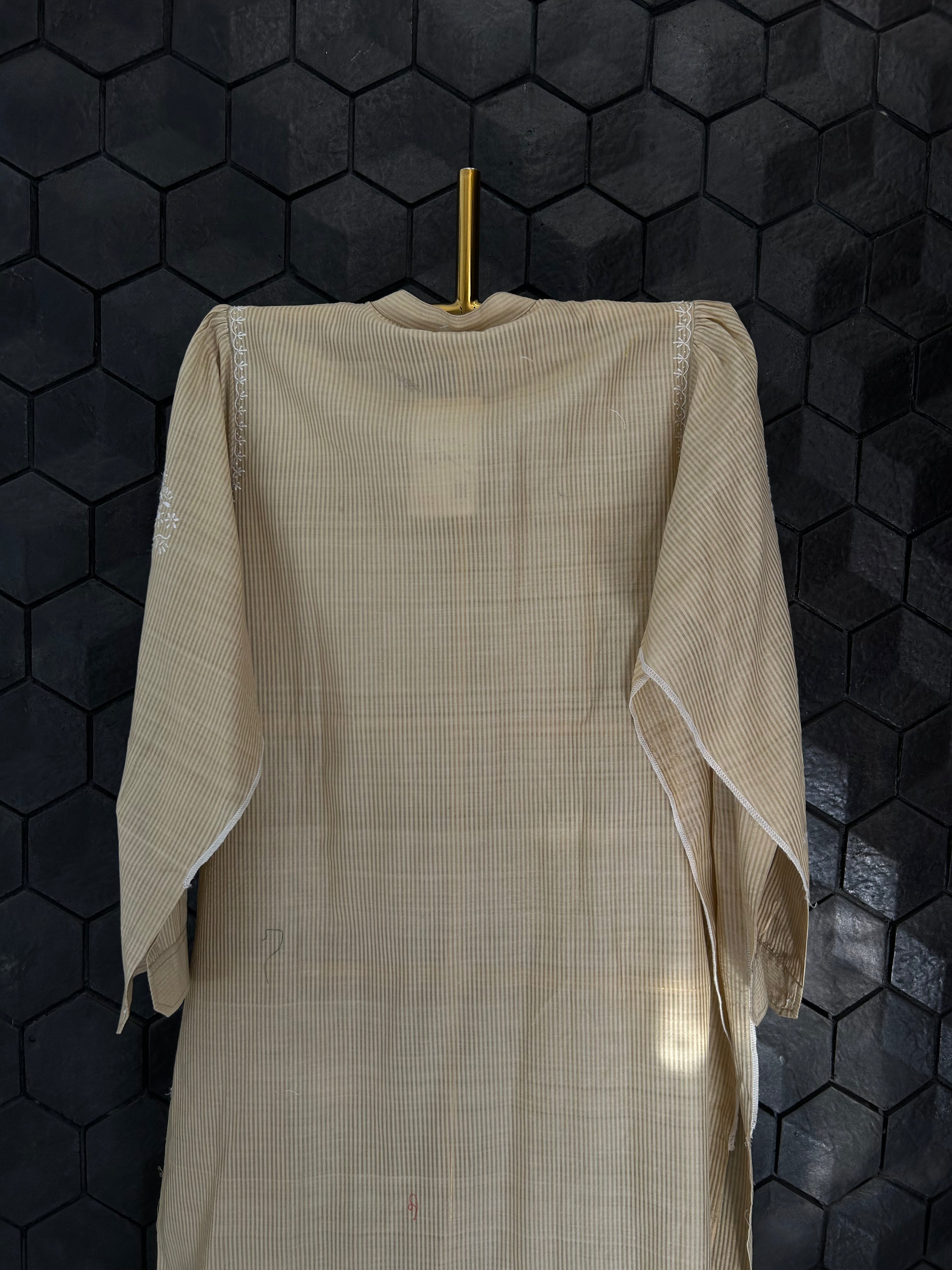 Beige Chanderi Striped Chikankari Kurta