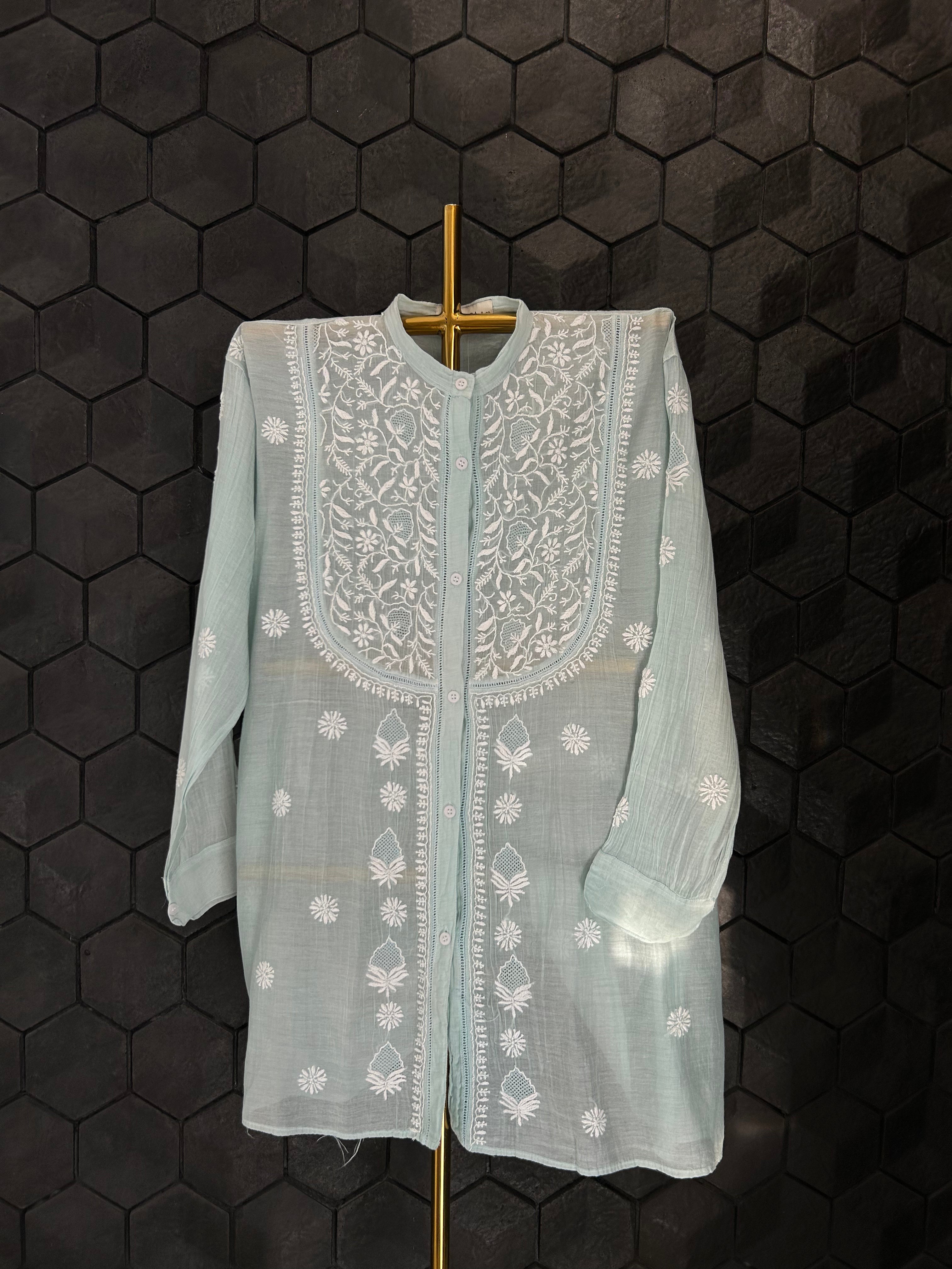Sea Green Mul Chanderi Chikankari Co-ord sets