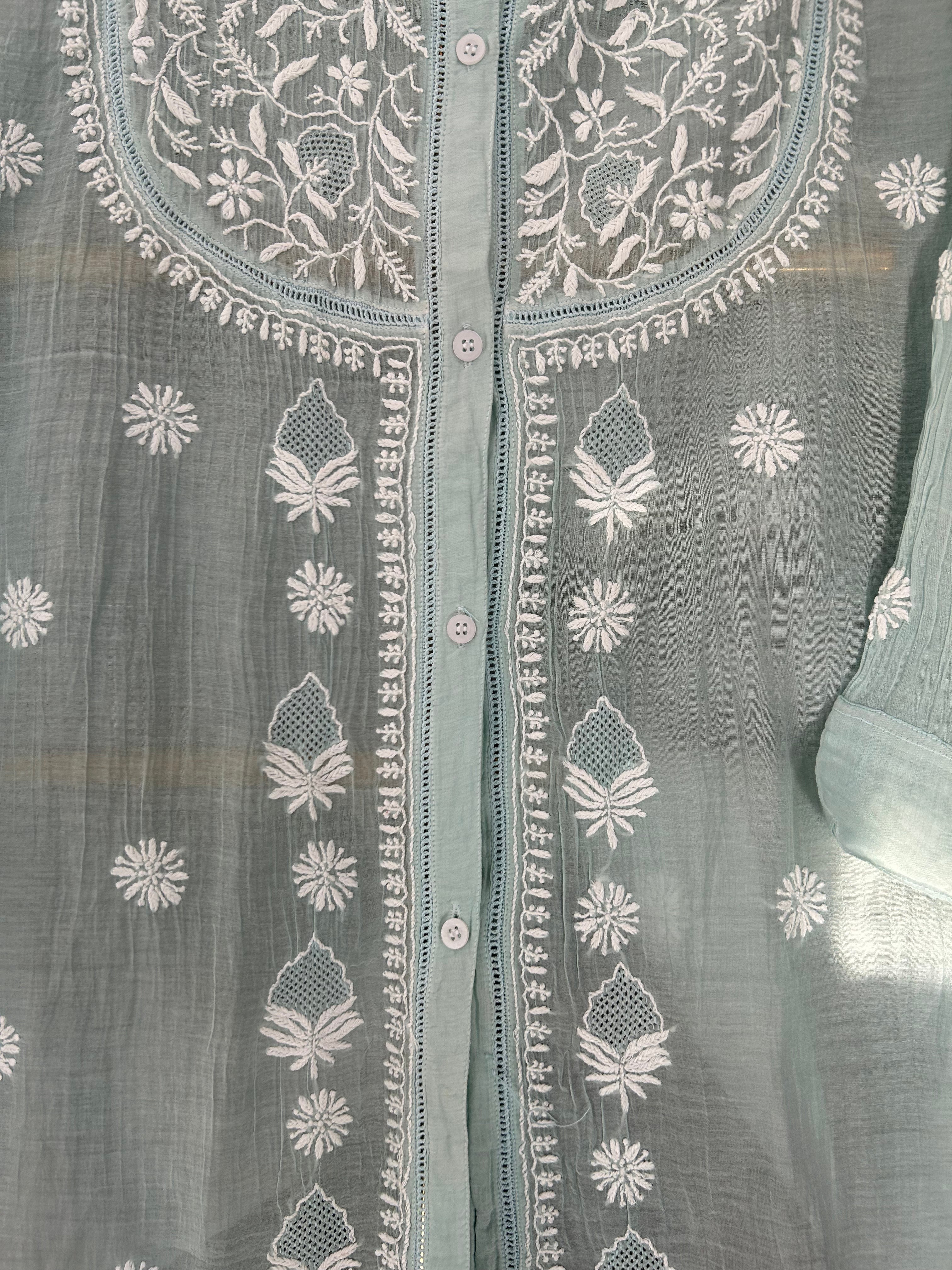 Sea Green Mul Chanderi Chikankari Co-ord sets
