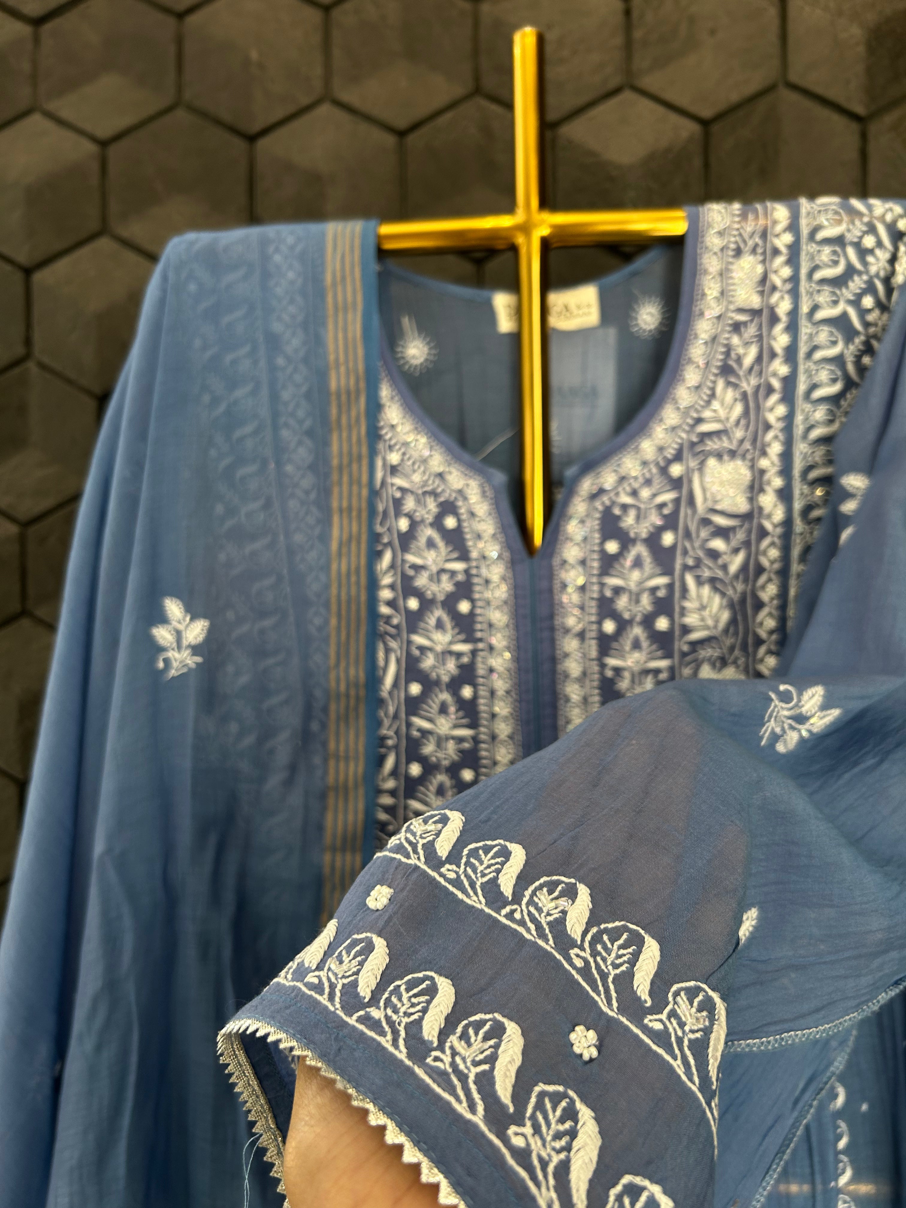 Blue Mul Chanderi Chikankari kurta Set