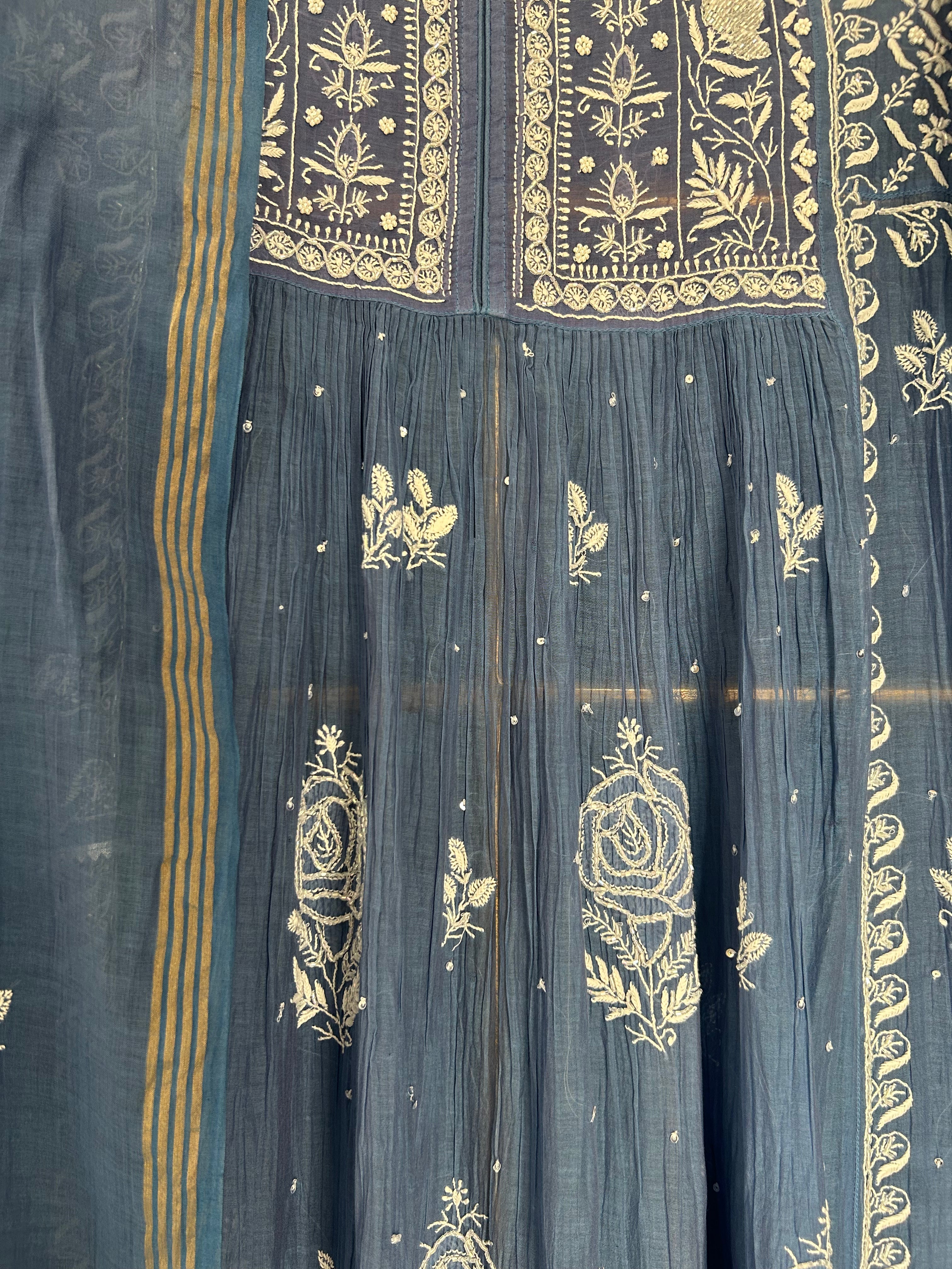 Blue Mul Chanderi Chikankari kurta Set