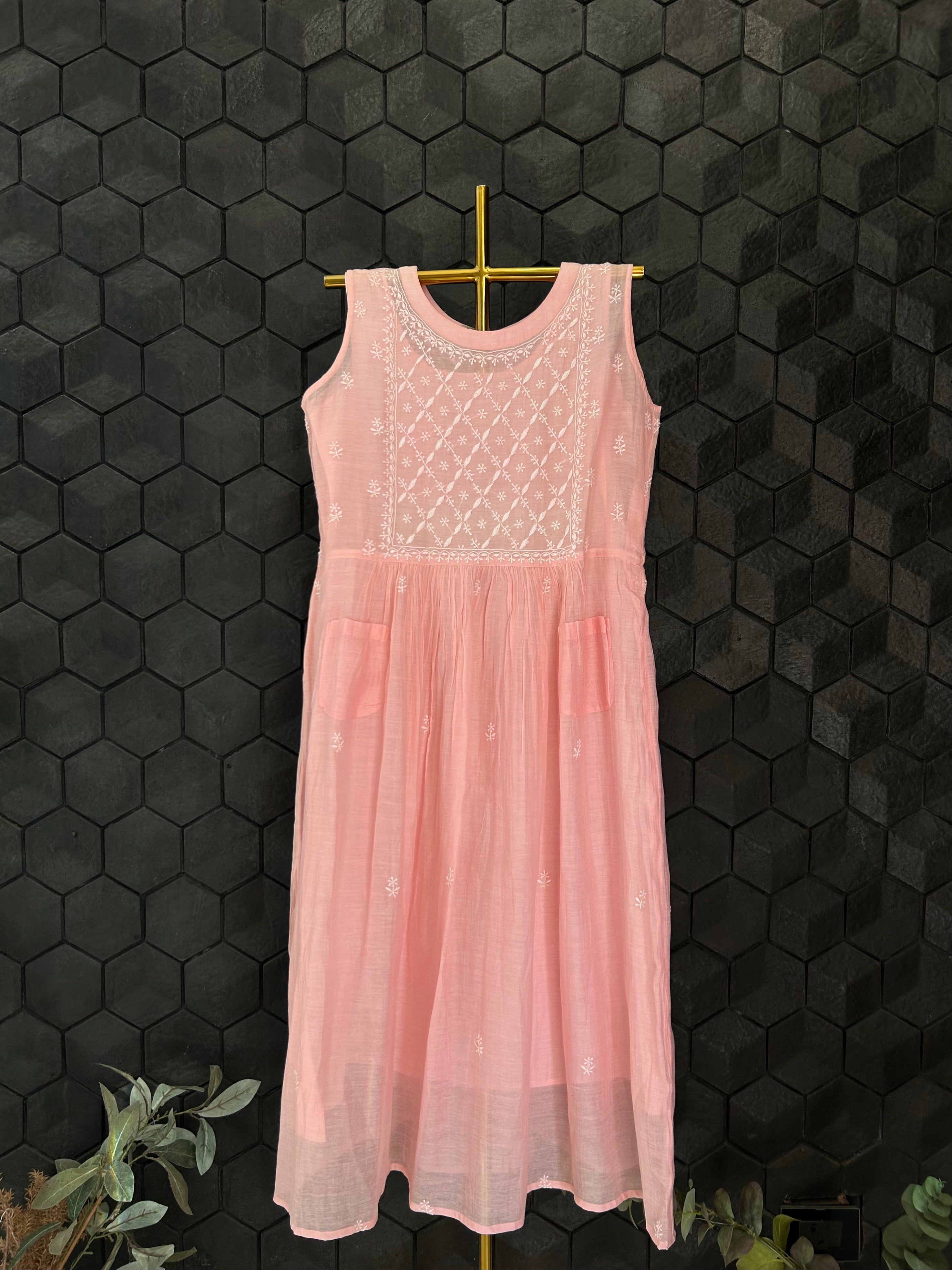 Pink Mul Chanderi Chikankari Sleeveless Dress