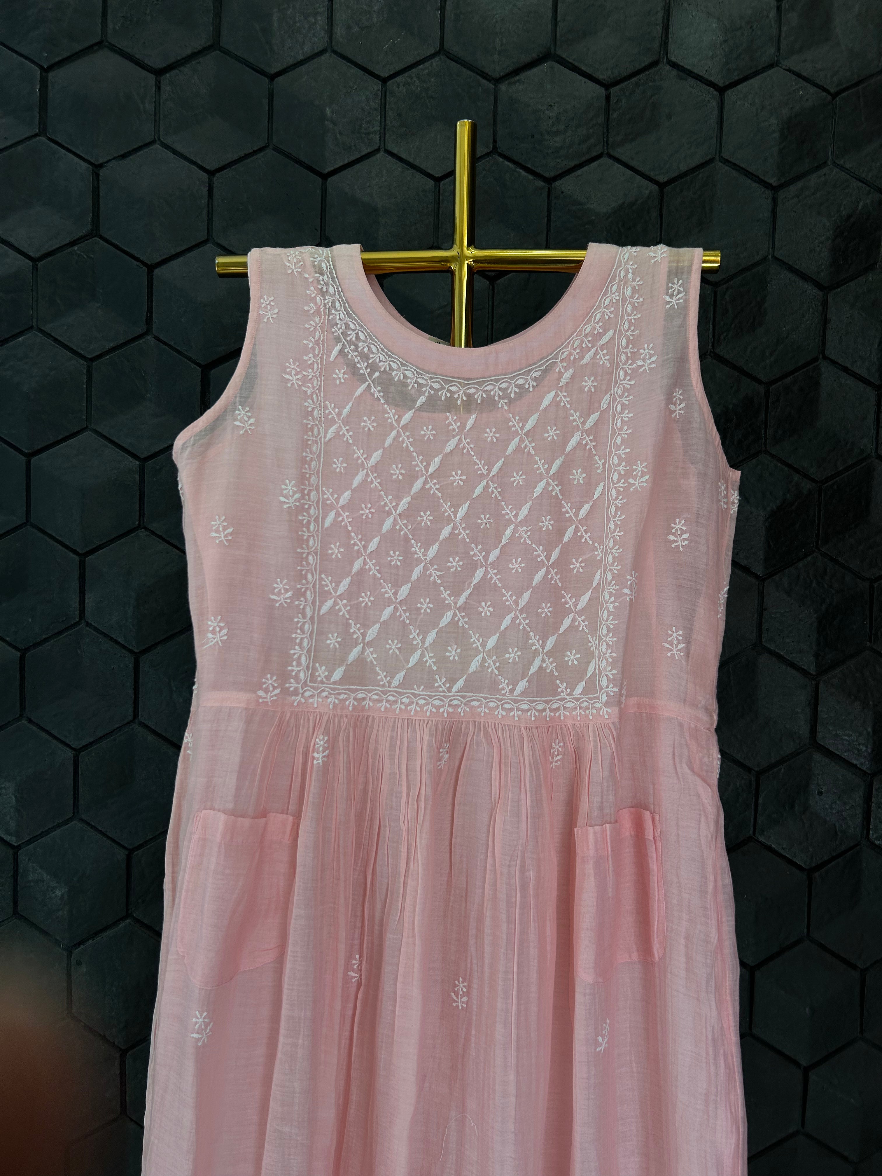 Pink Mul Chanderi Chikankari Sleeveless Dress