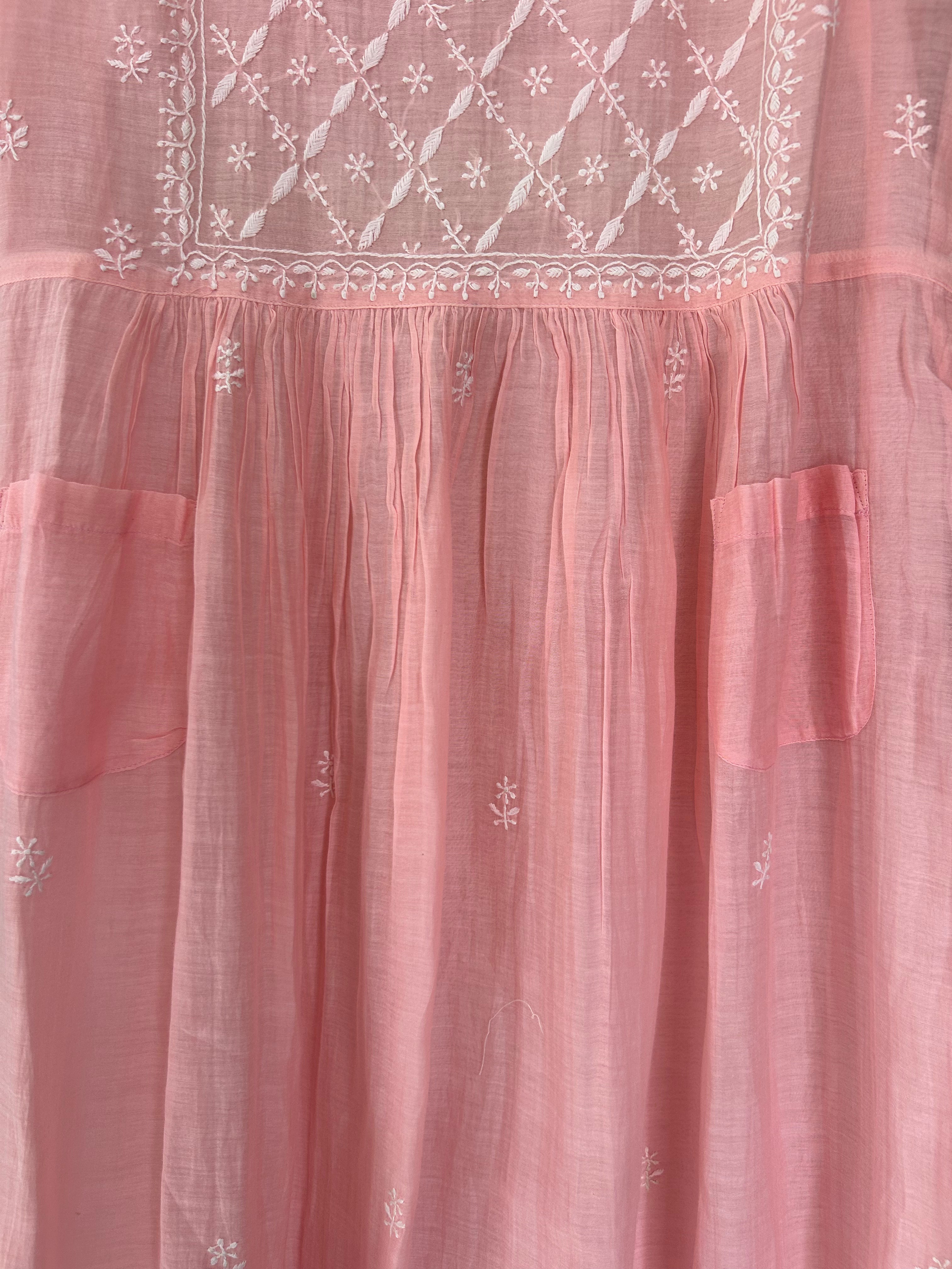 Pink Mul Chanderi Chikankari Sleeveless Dress