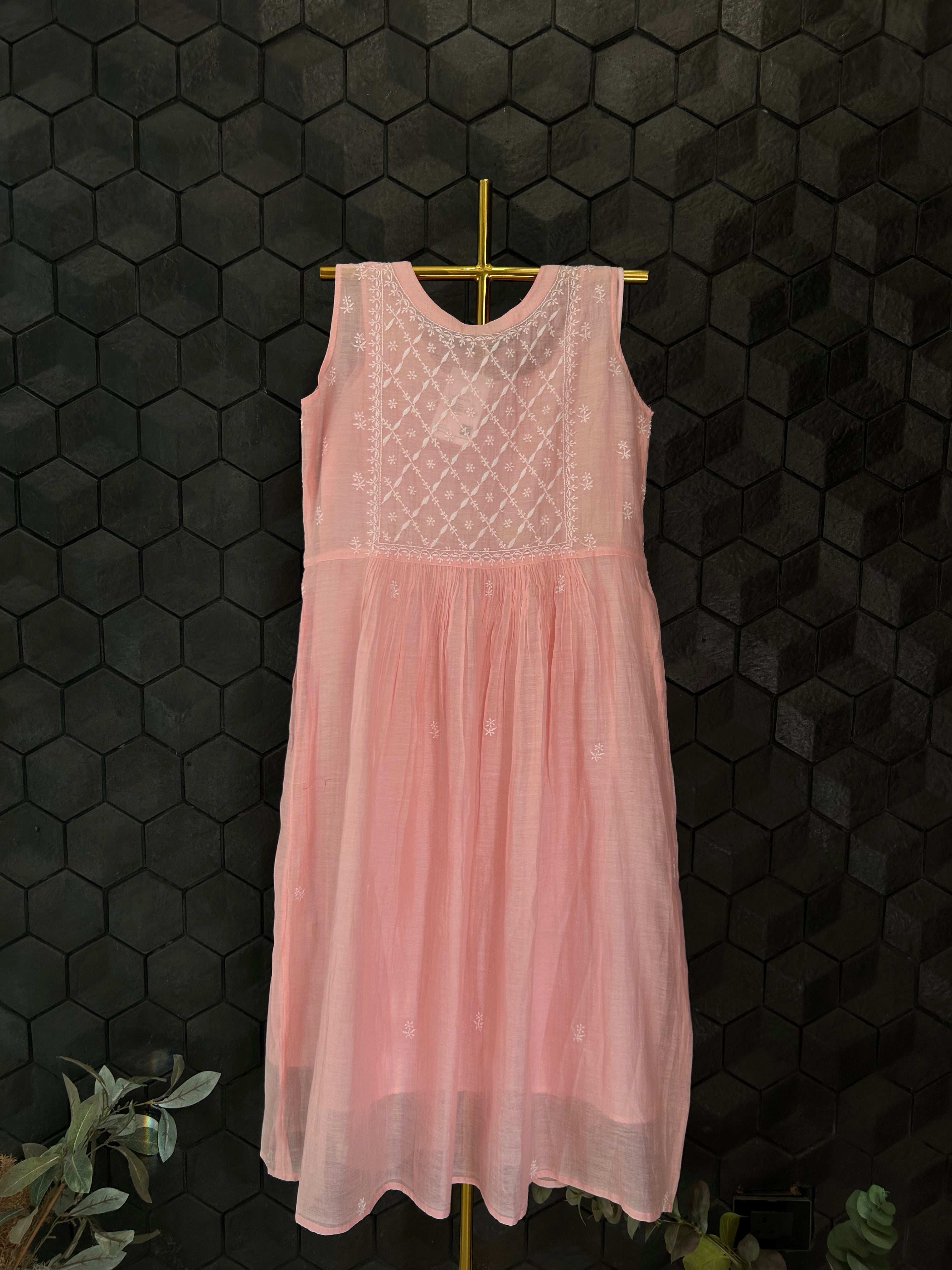 Pink Mul Chanderi Chikankari Sleeveless Dress