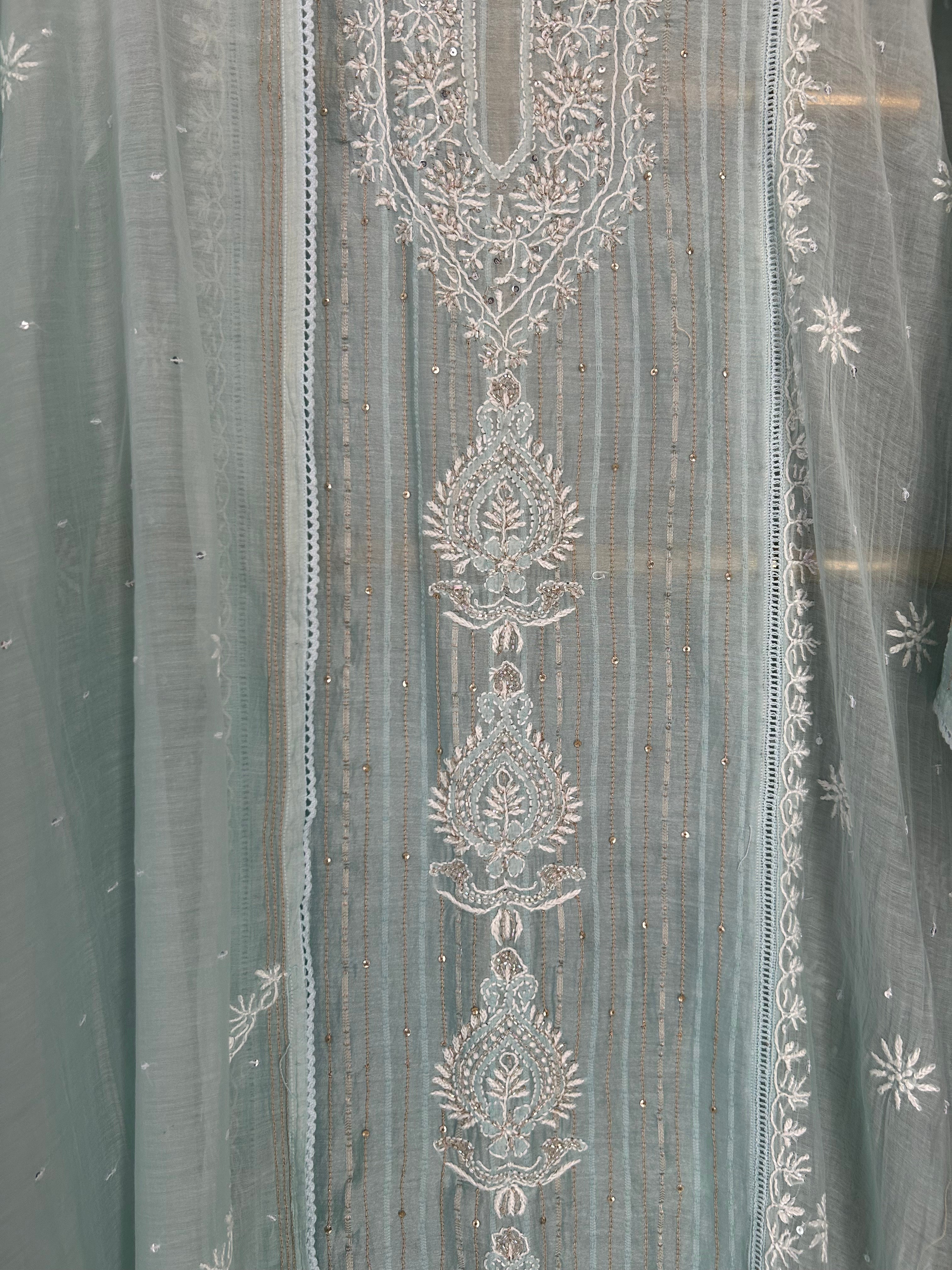 Green Mul Chanderi Chikankari Kurta Set