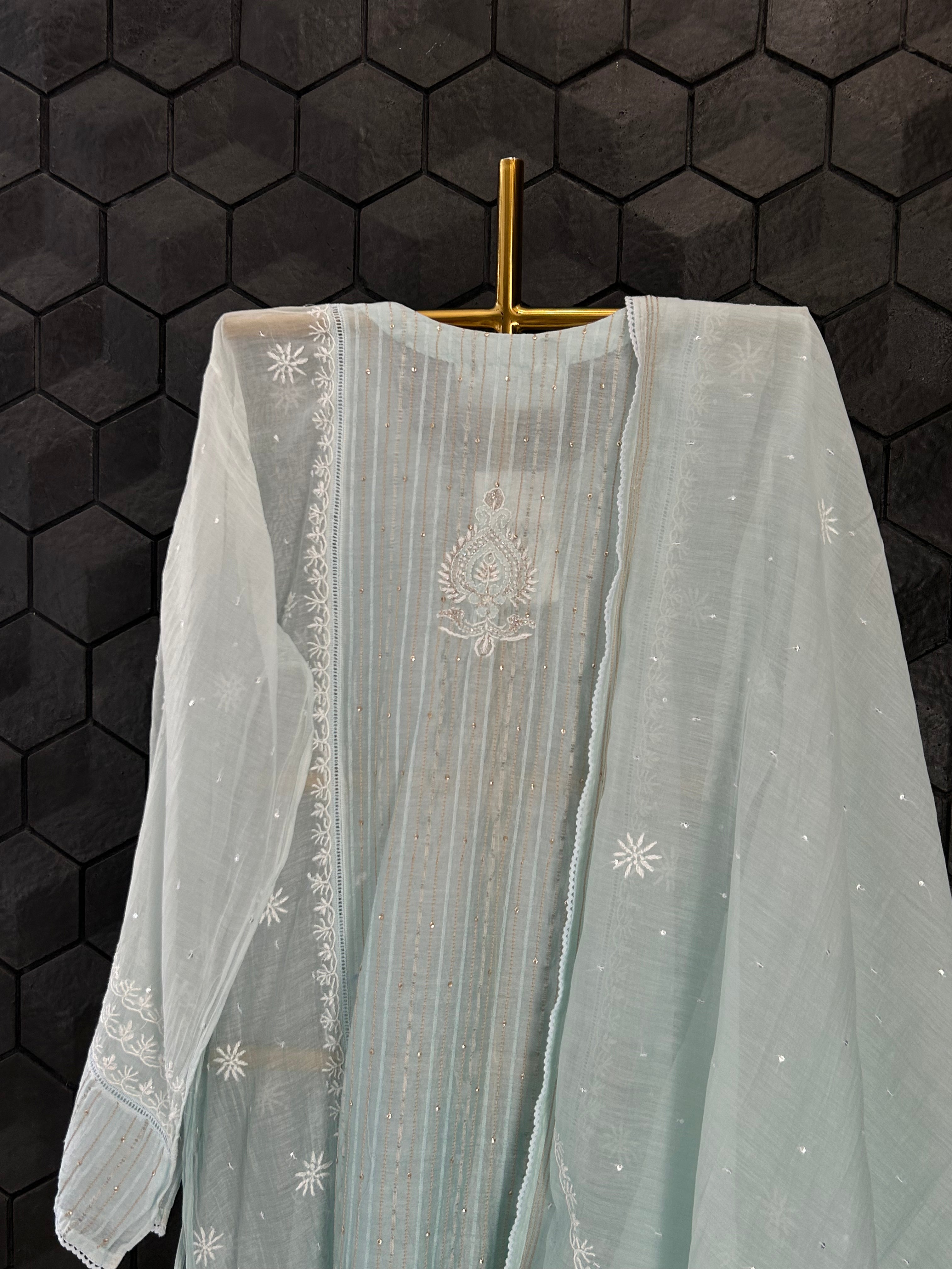 Green Mul Chanderi Chikankari Kurta Set
