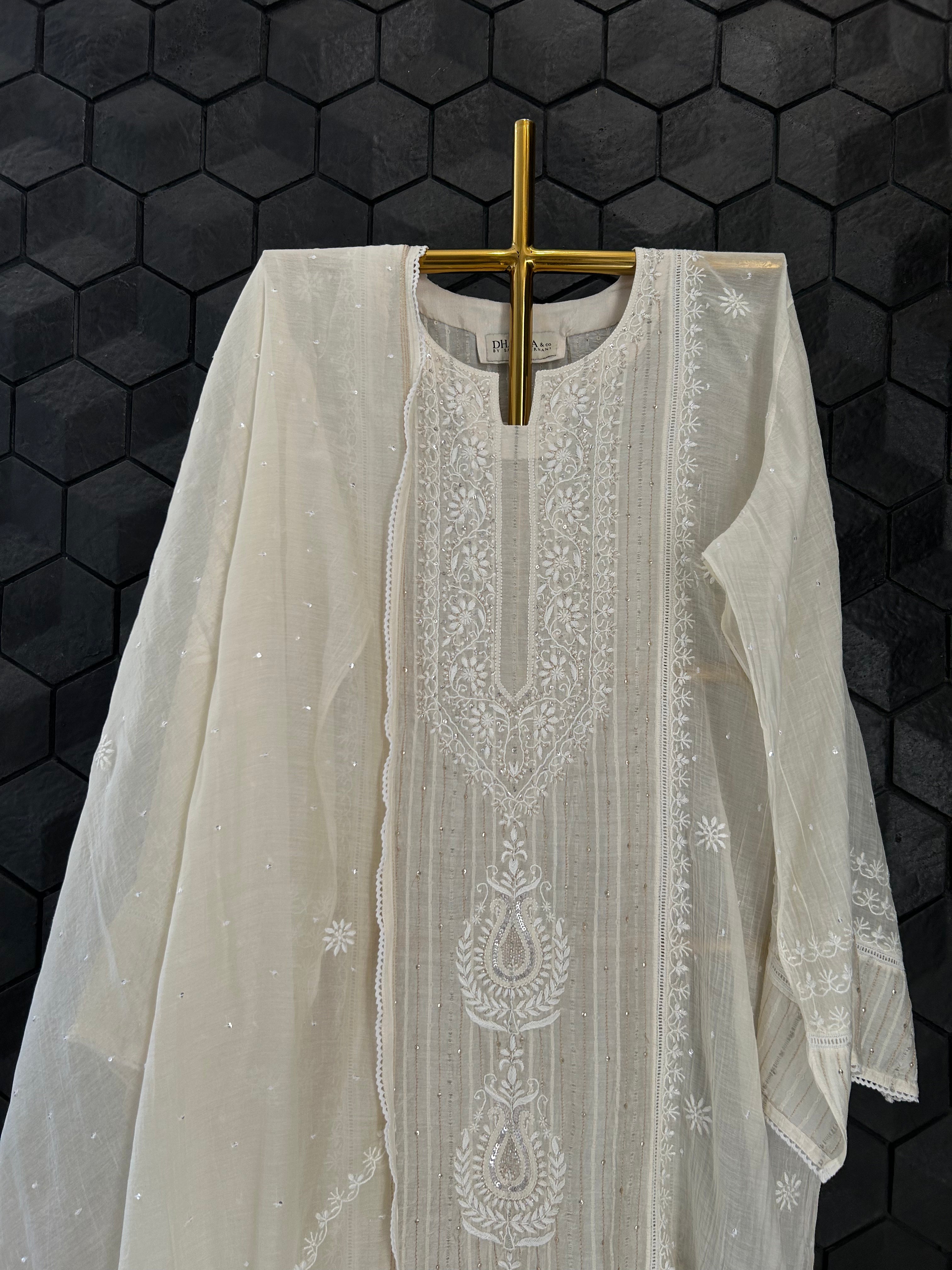 Beige Mul Chanderi Chikankari Kurta Set