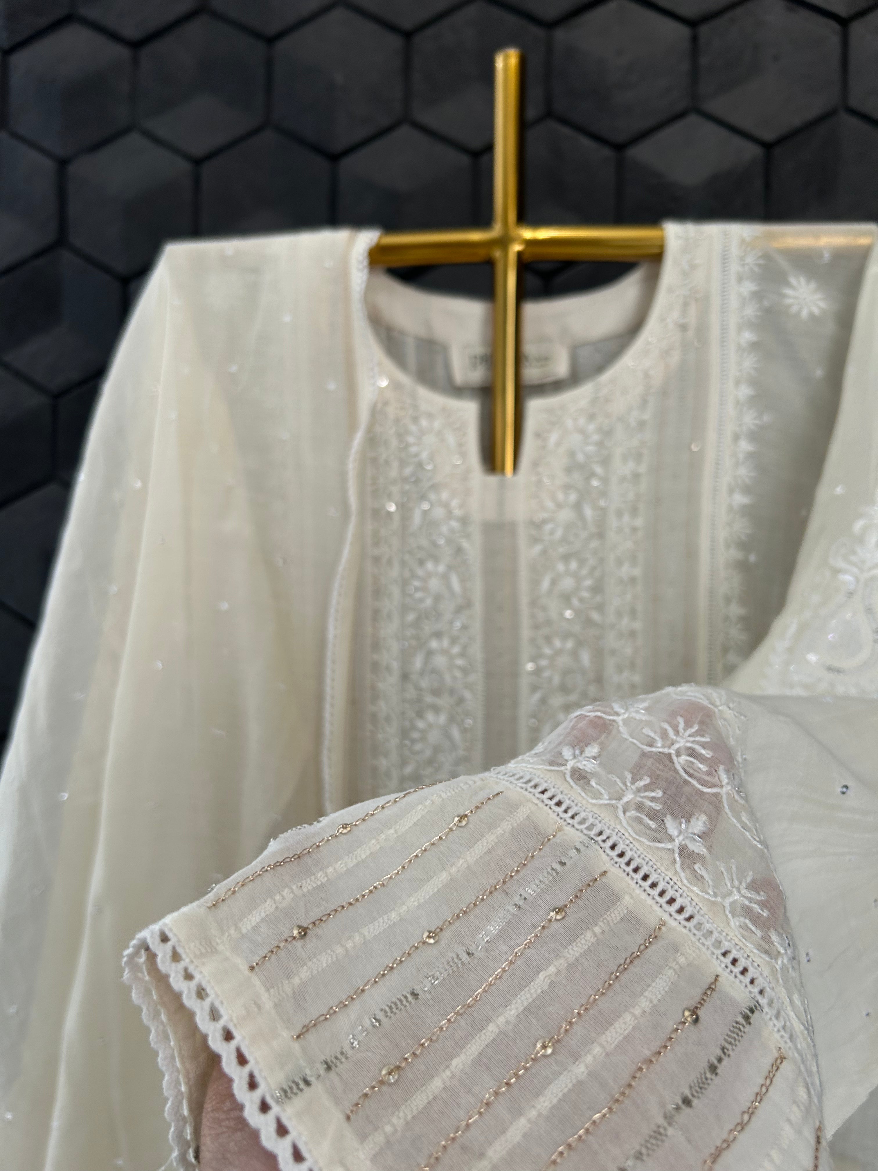 Beige Mul Chanderi Chikankari Kurta Set