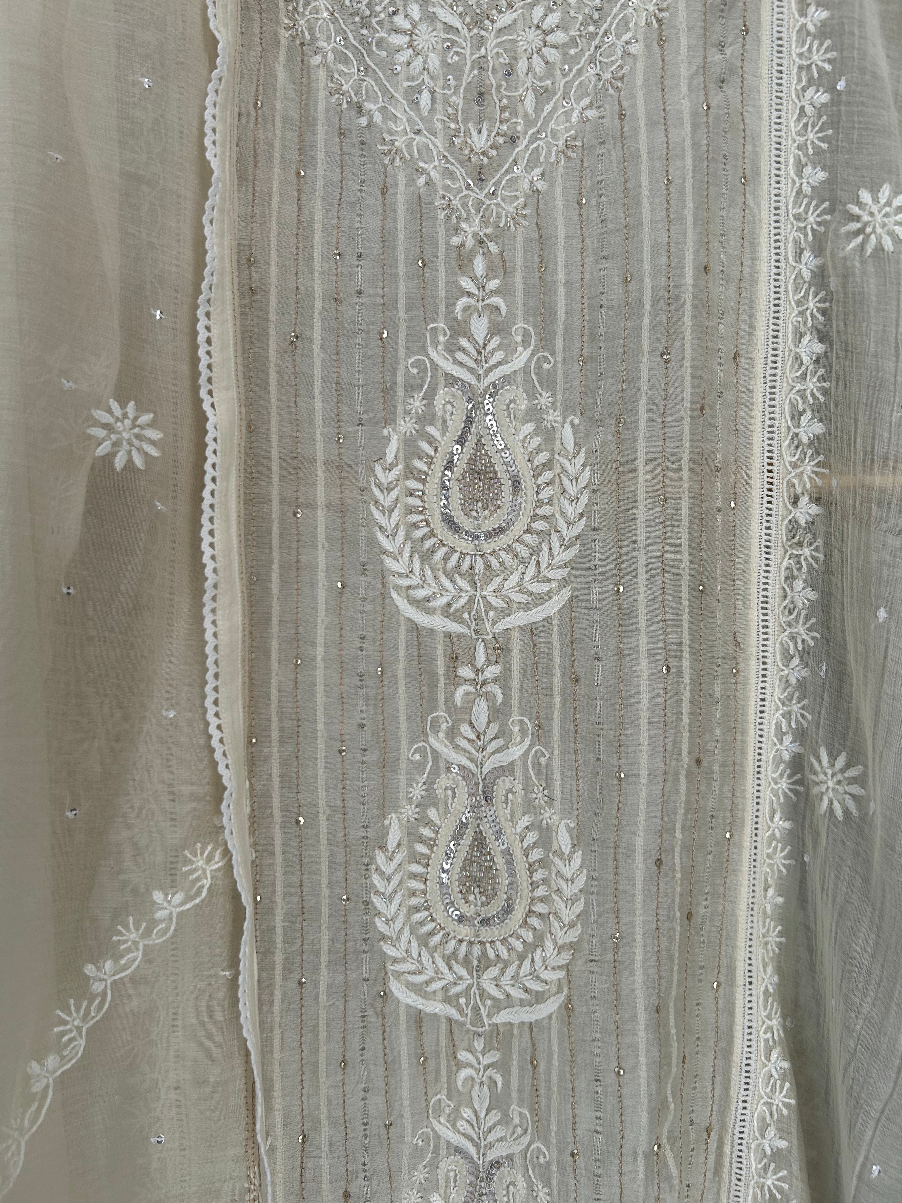 Beige Mul Chanderi Chikankari Kurta Set