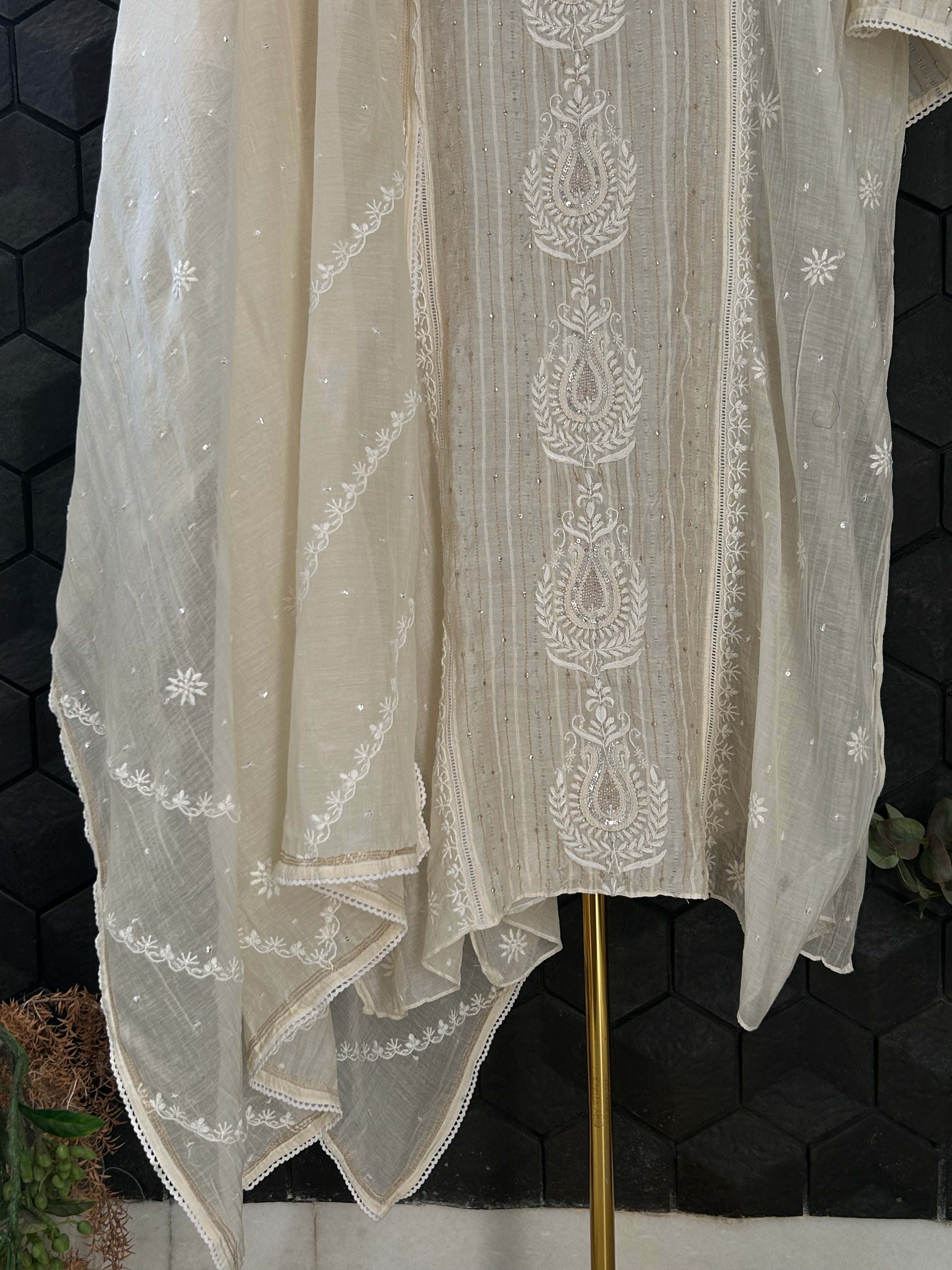 Beige Mul Chanderi Chikankari Kurta Set