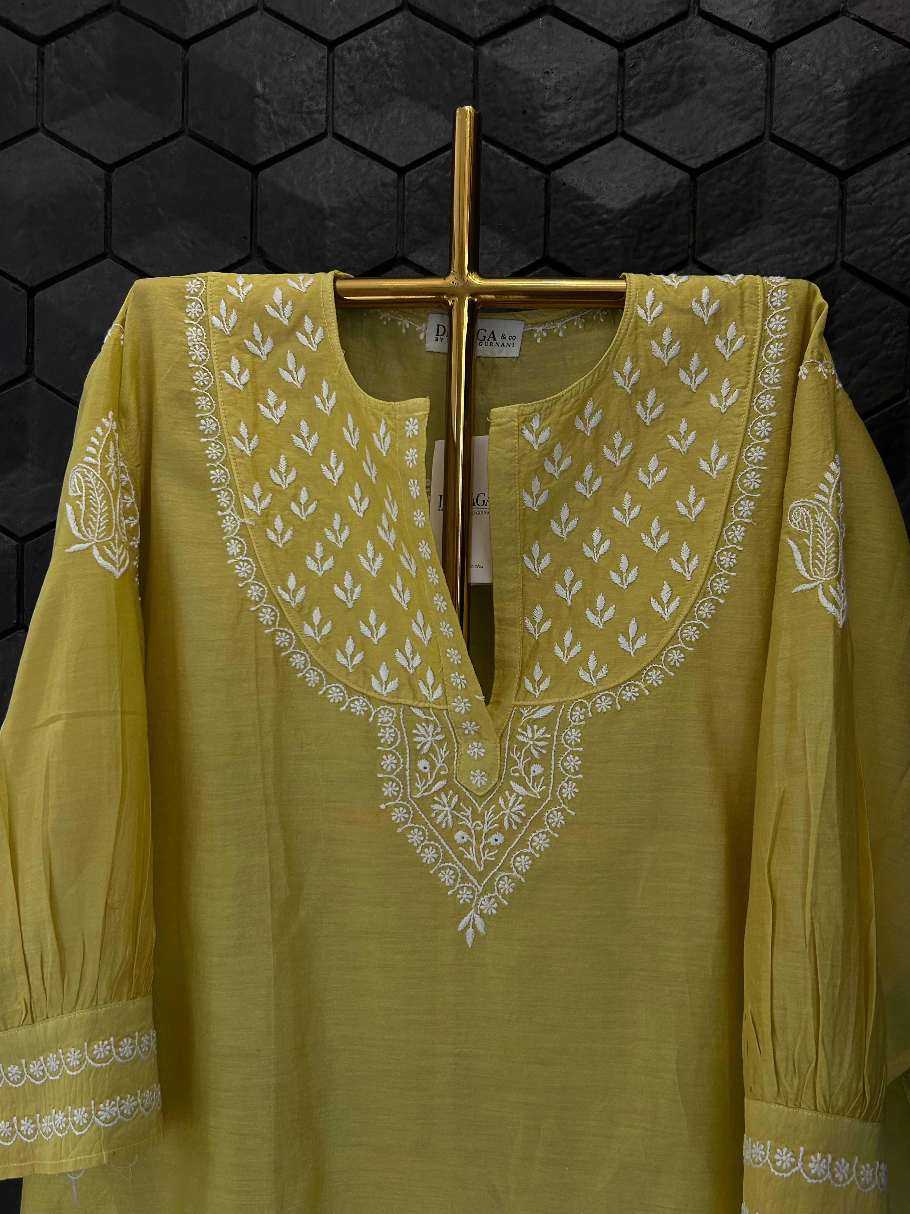 Lime Green Mul Chanderi Chikankari Shirt