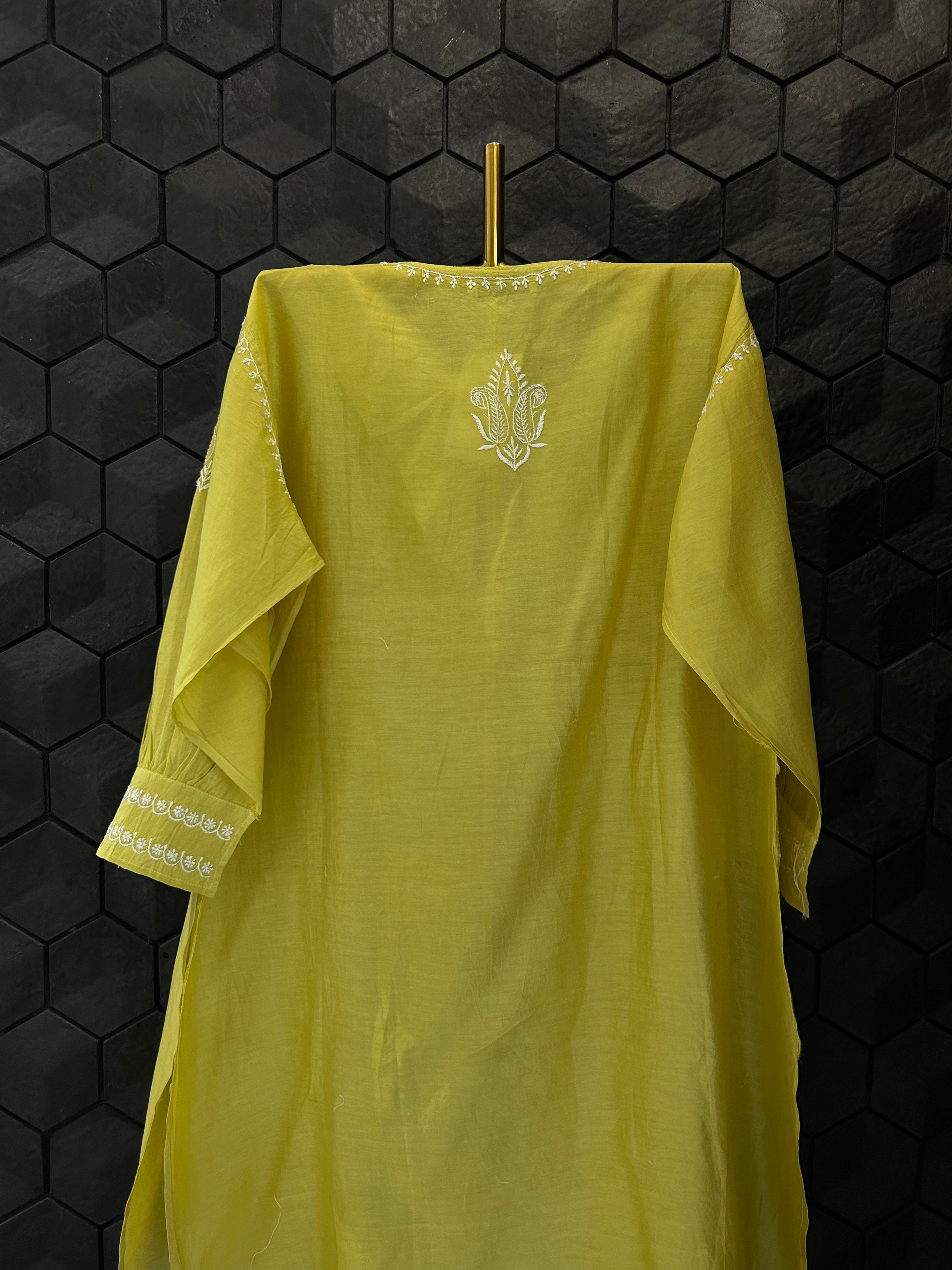 Lime Green Mul Chanderi Chikankari Shirt