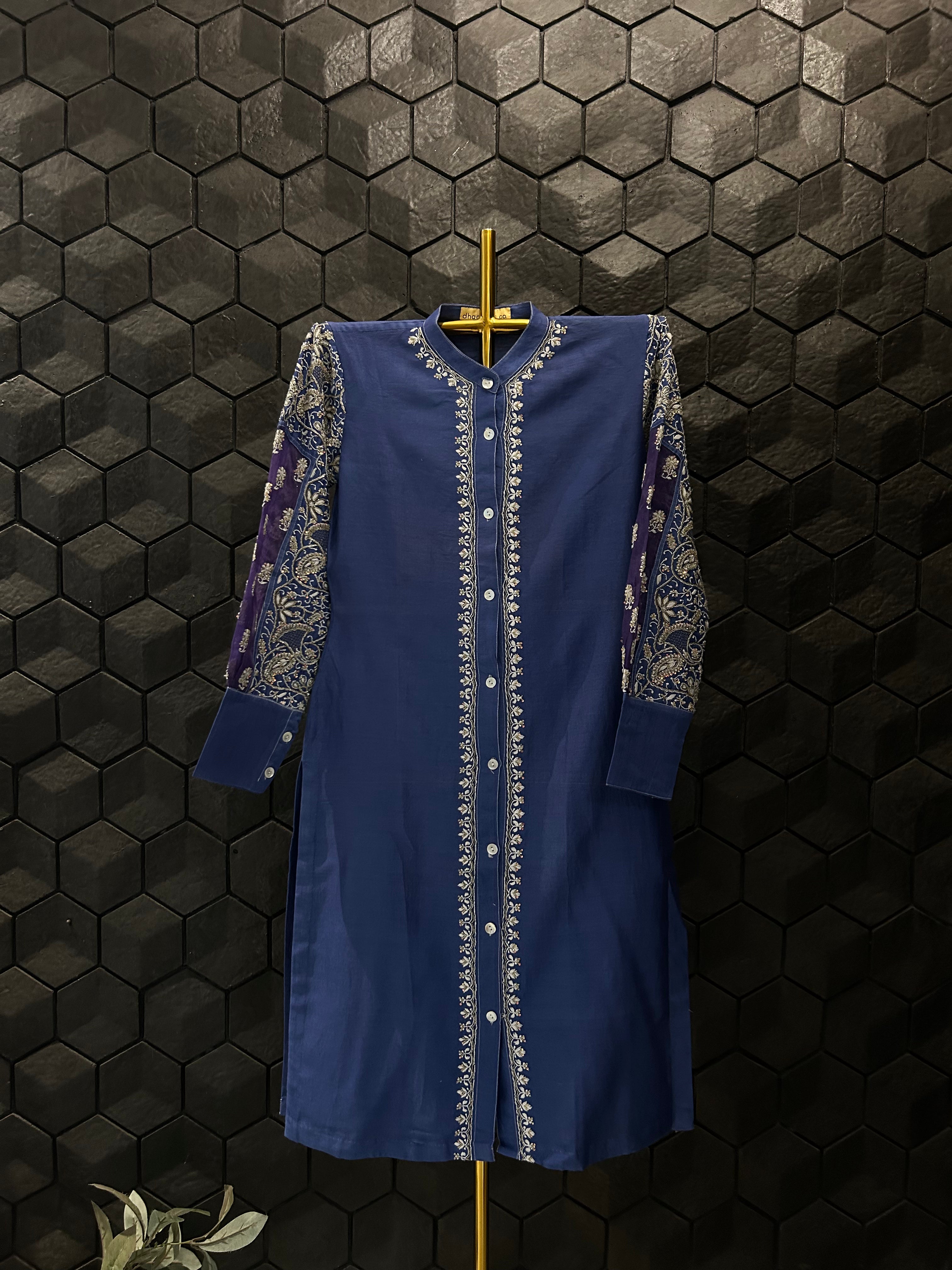Cobalt Blue Organza Patch Kurta Style Shirt