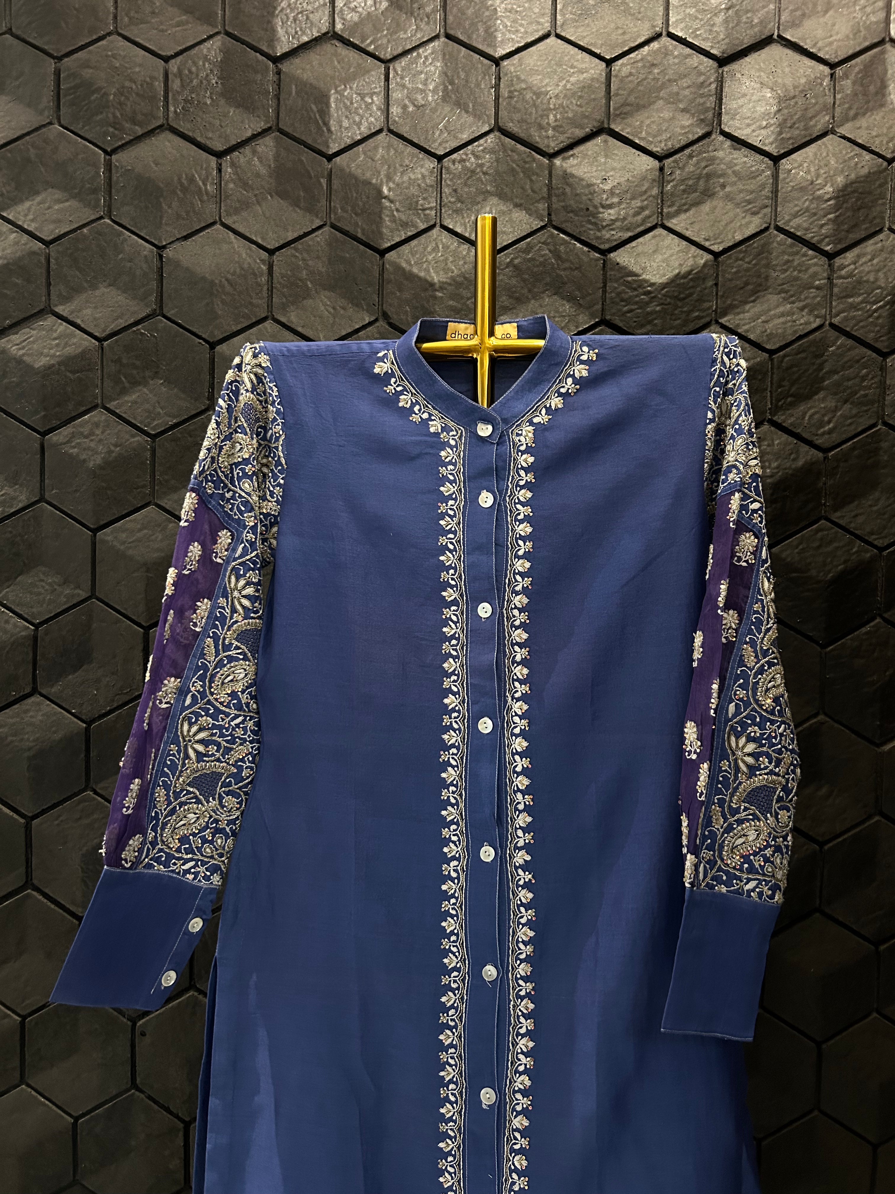 Cobalt Blue Organza Patch Kurta Style Shirt