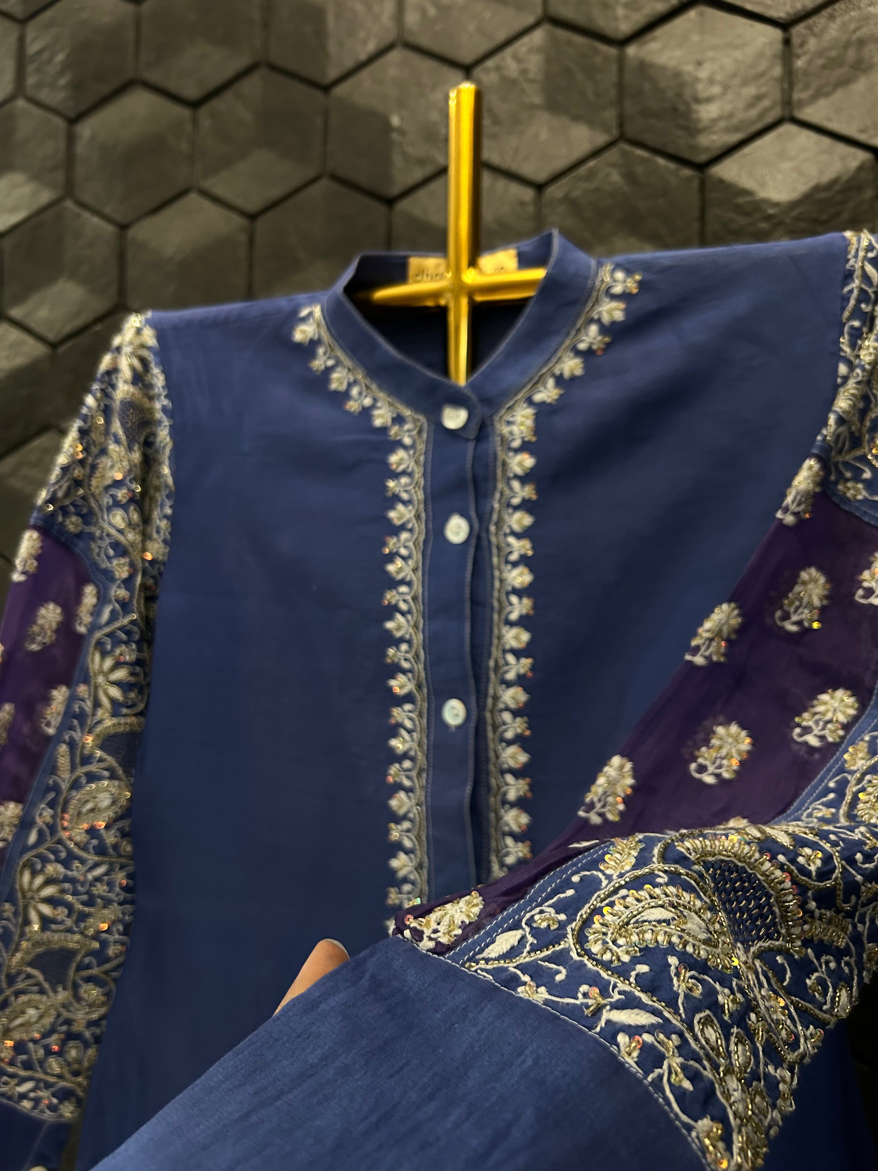 Cobalt Blue Organza Patch Kurta Style Shirt