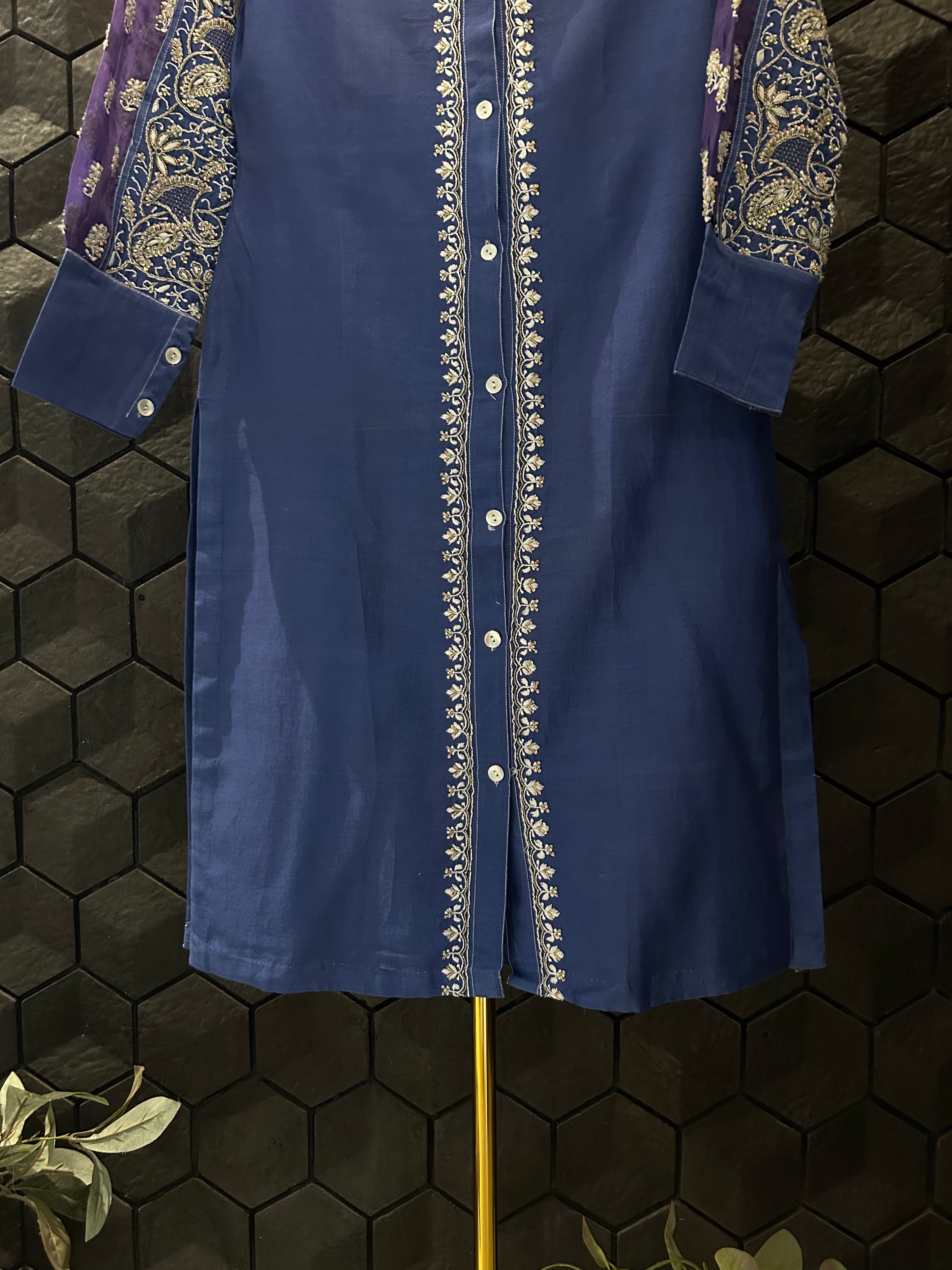 Cobalt Blue Organza Patch Kurta Style Shirt