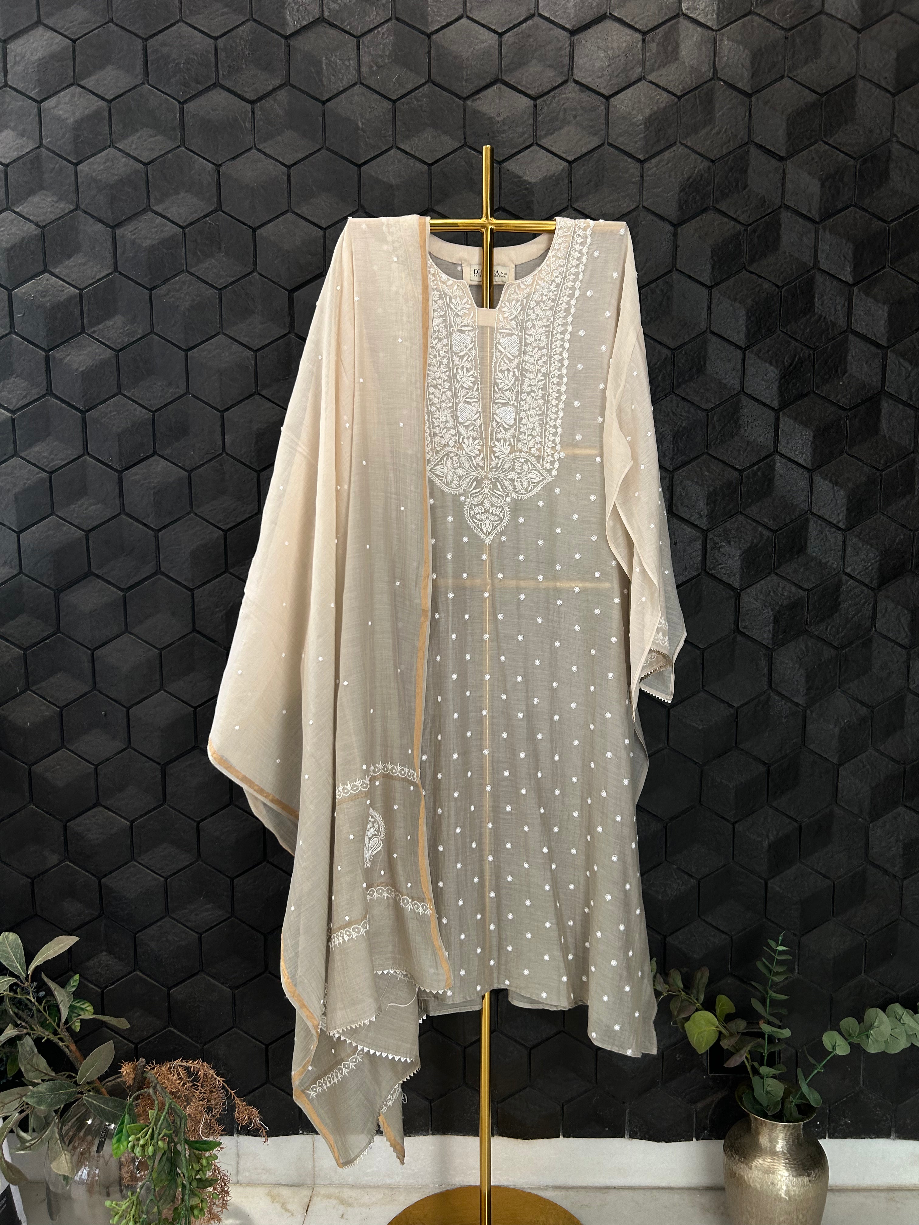 Brown Mul Chanderi Chikankari Kurta Set