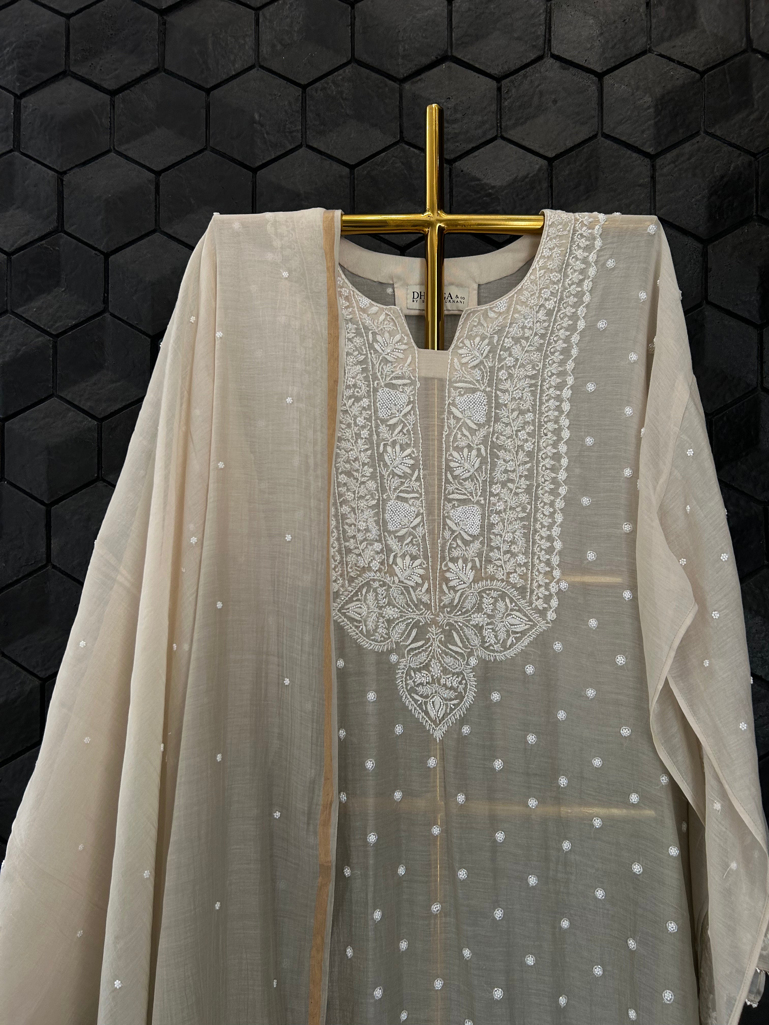 Brown Mul Chanderi Chikankari Kurta Set