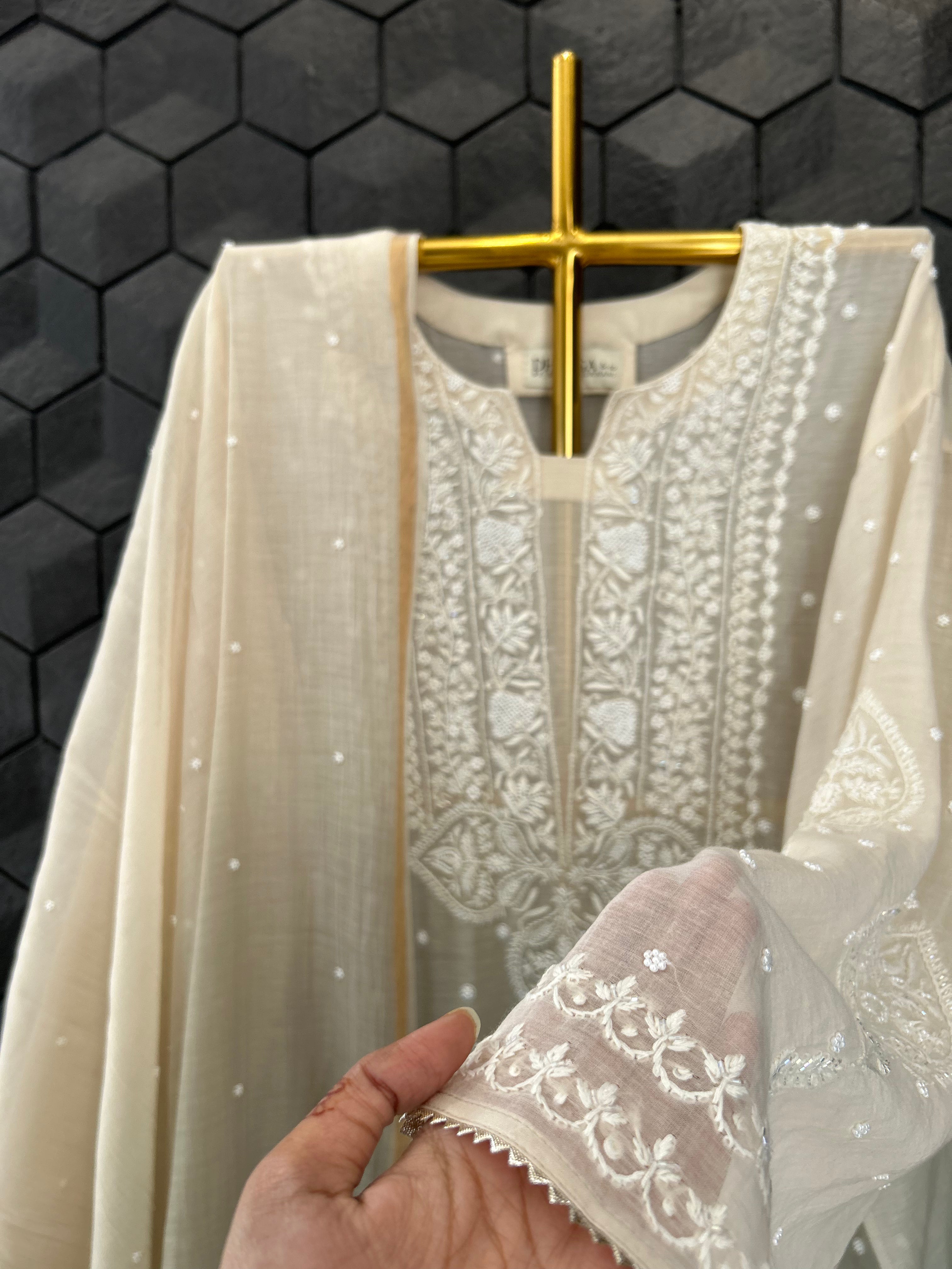 Brown Mul Chanderi Chikankari Kurta Set