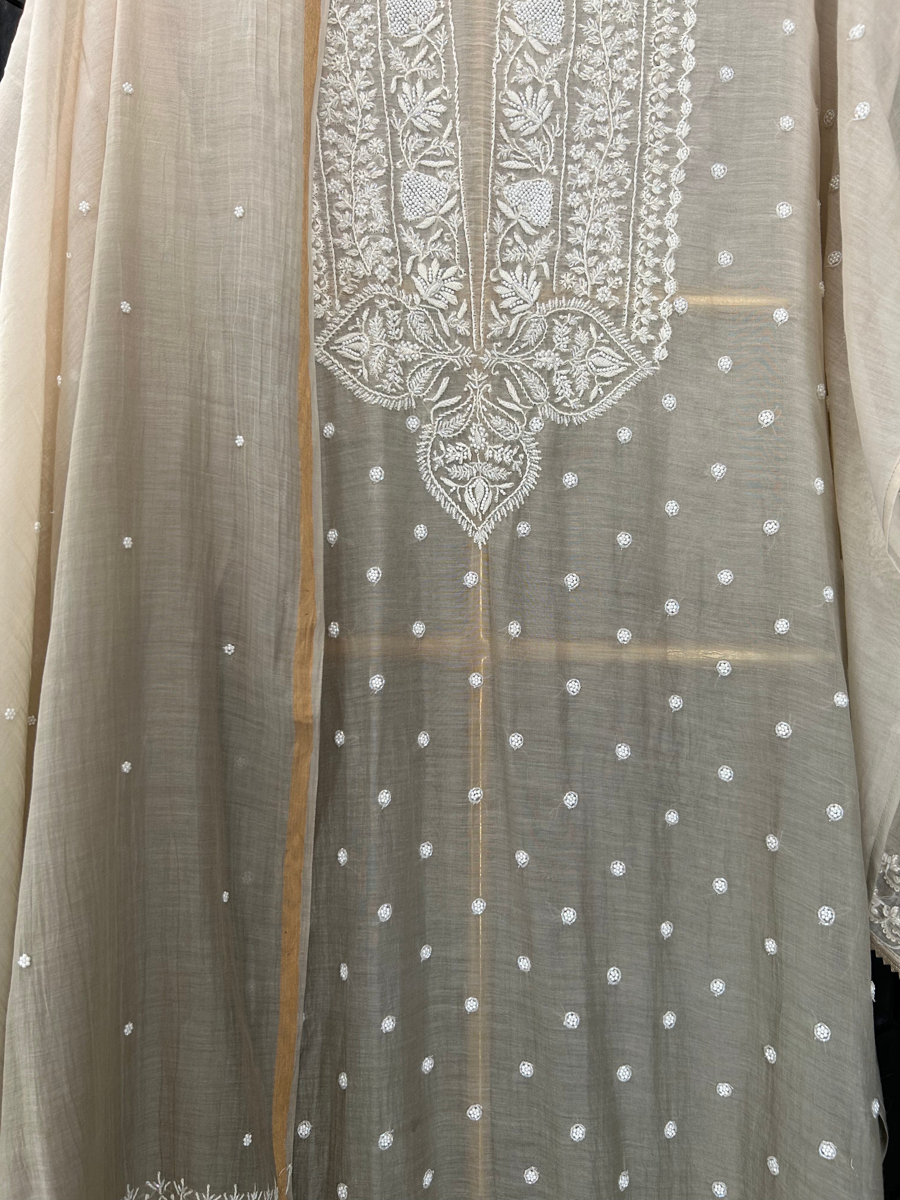 Brown Mul Chanderi Chikankari Kurta Set