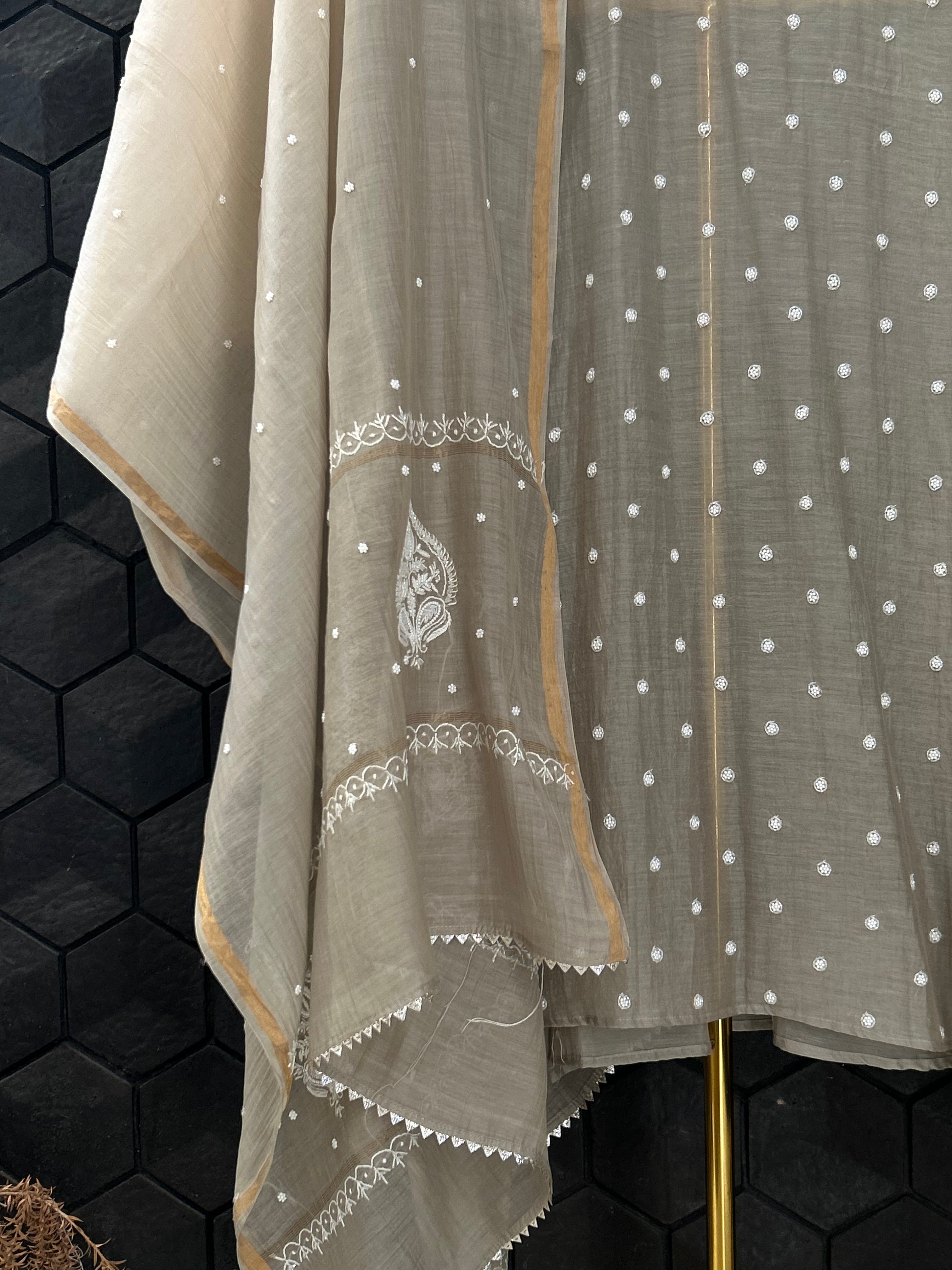 Brown Mul Chanderi Chikankari Kurta Set
