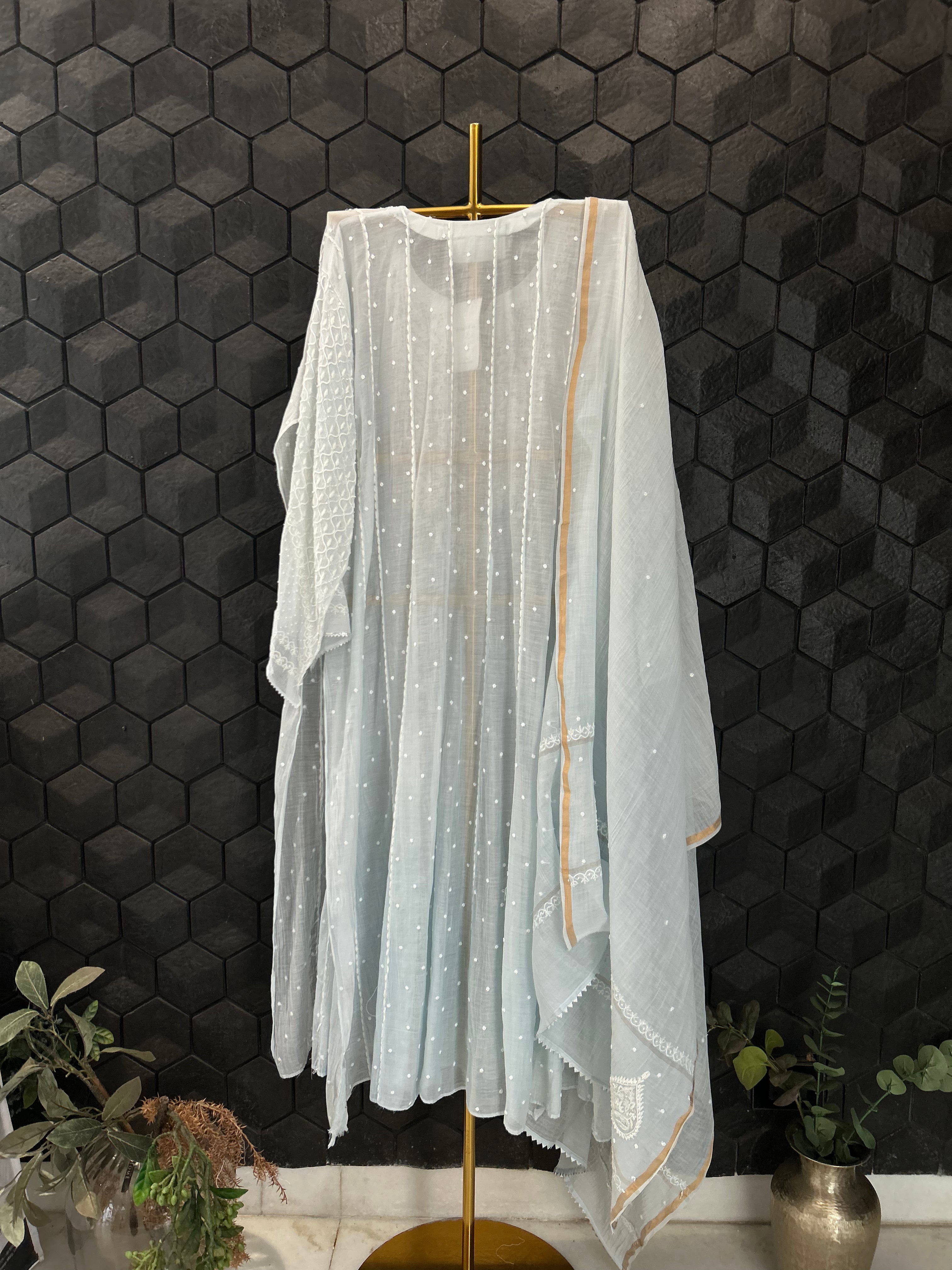 Blue Mul Chanderi Chikankari Anarkali Set