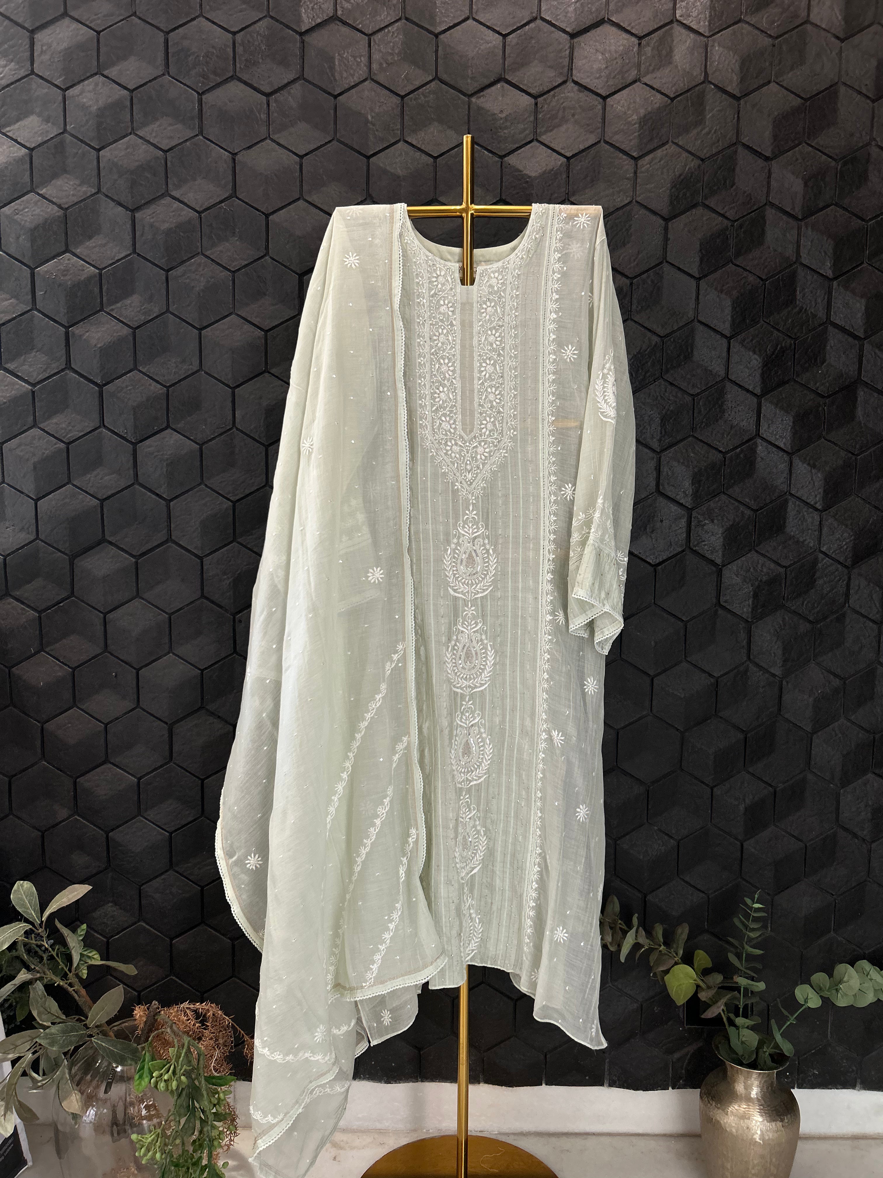 Green Mul Chanderi Chikankari Kurta Set