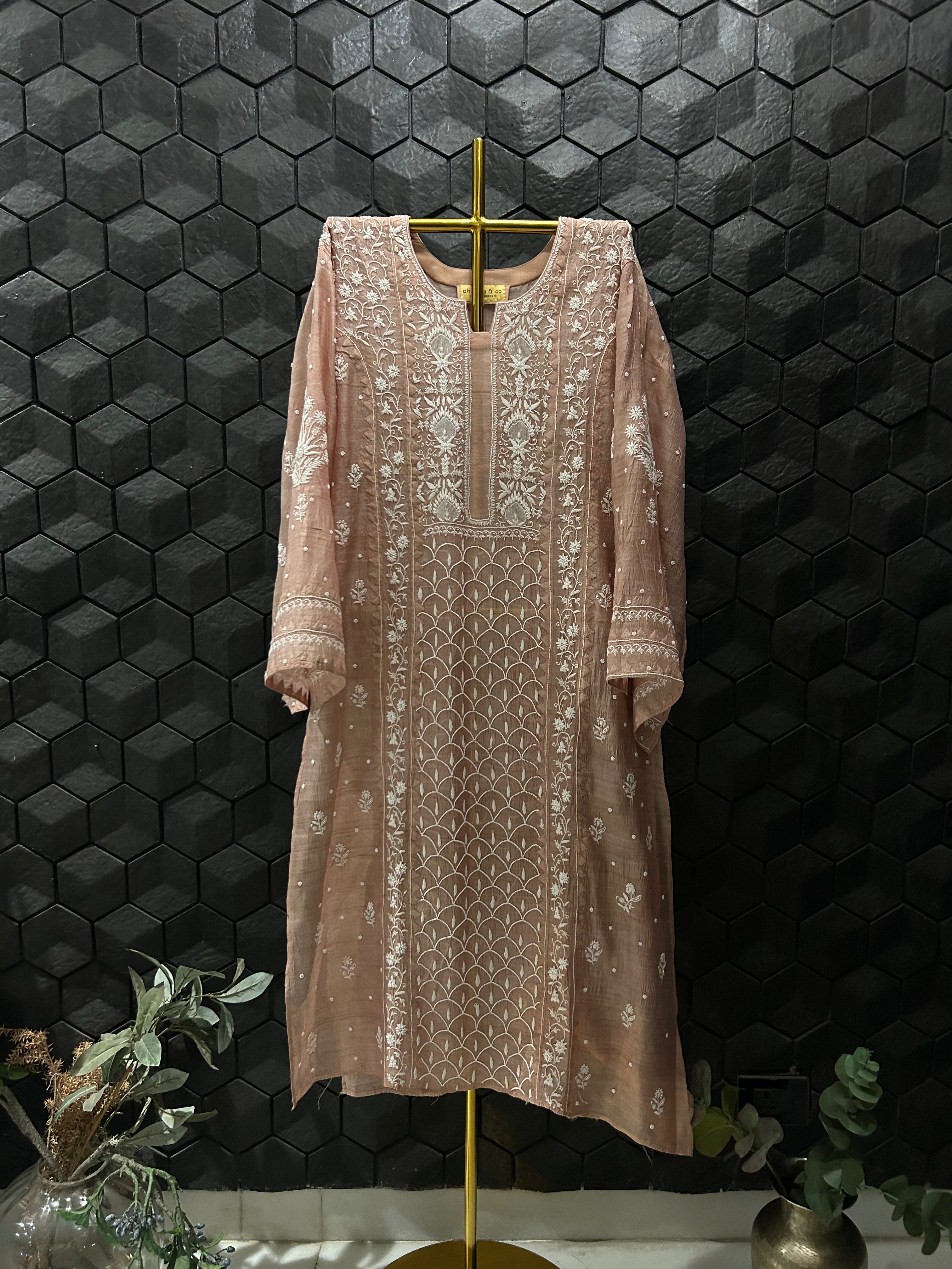 Gold Tussar Silk Chikankari Dress