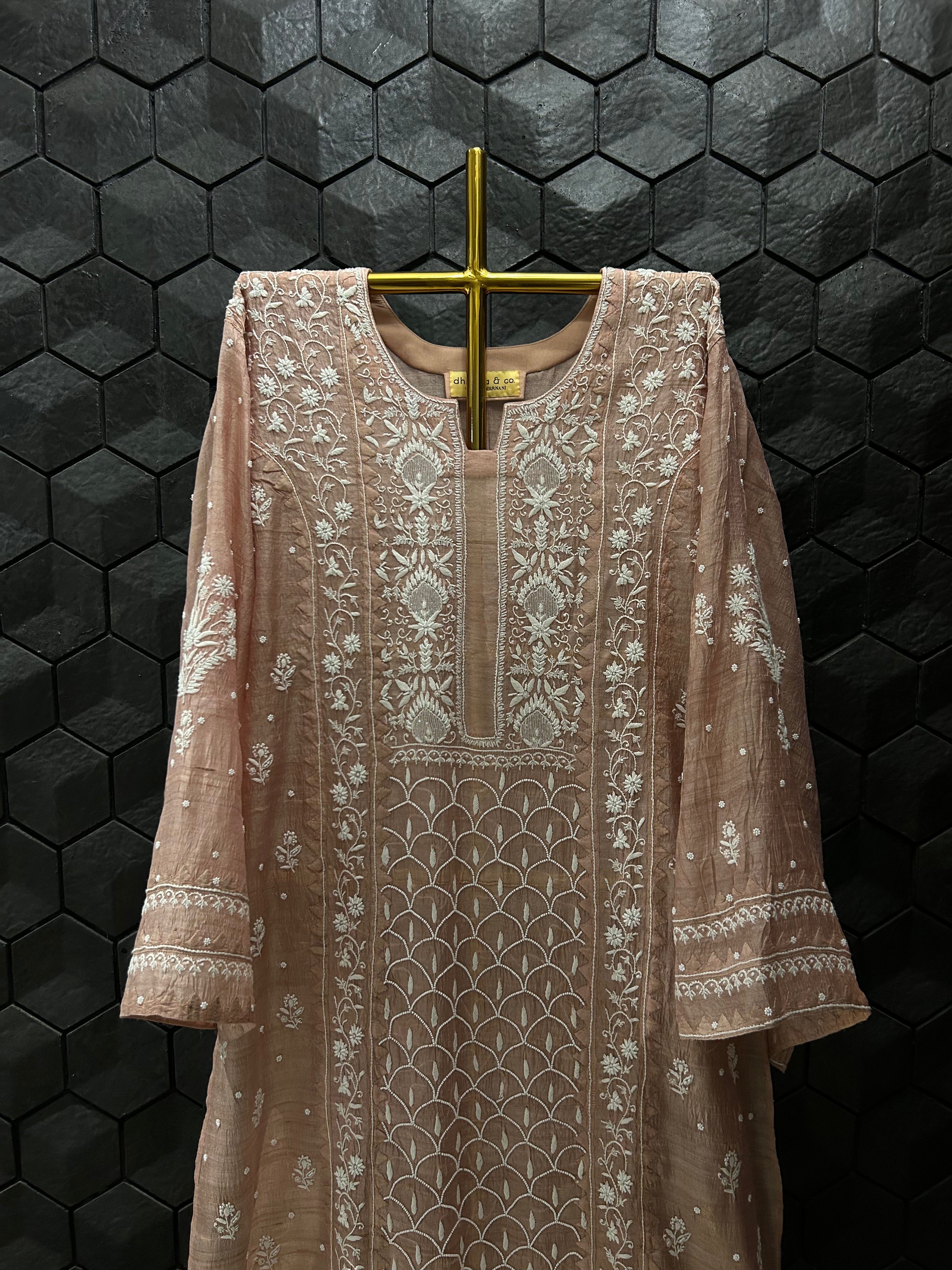 Gold Tussar Silk Chikankari Dress