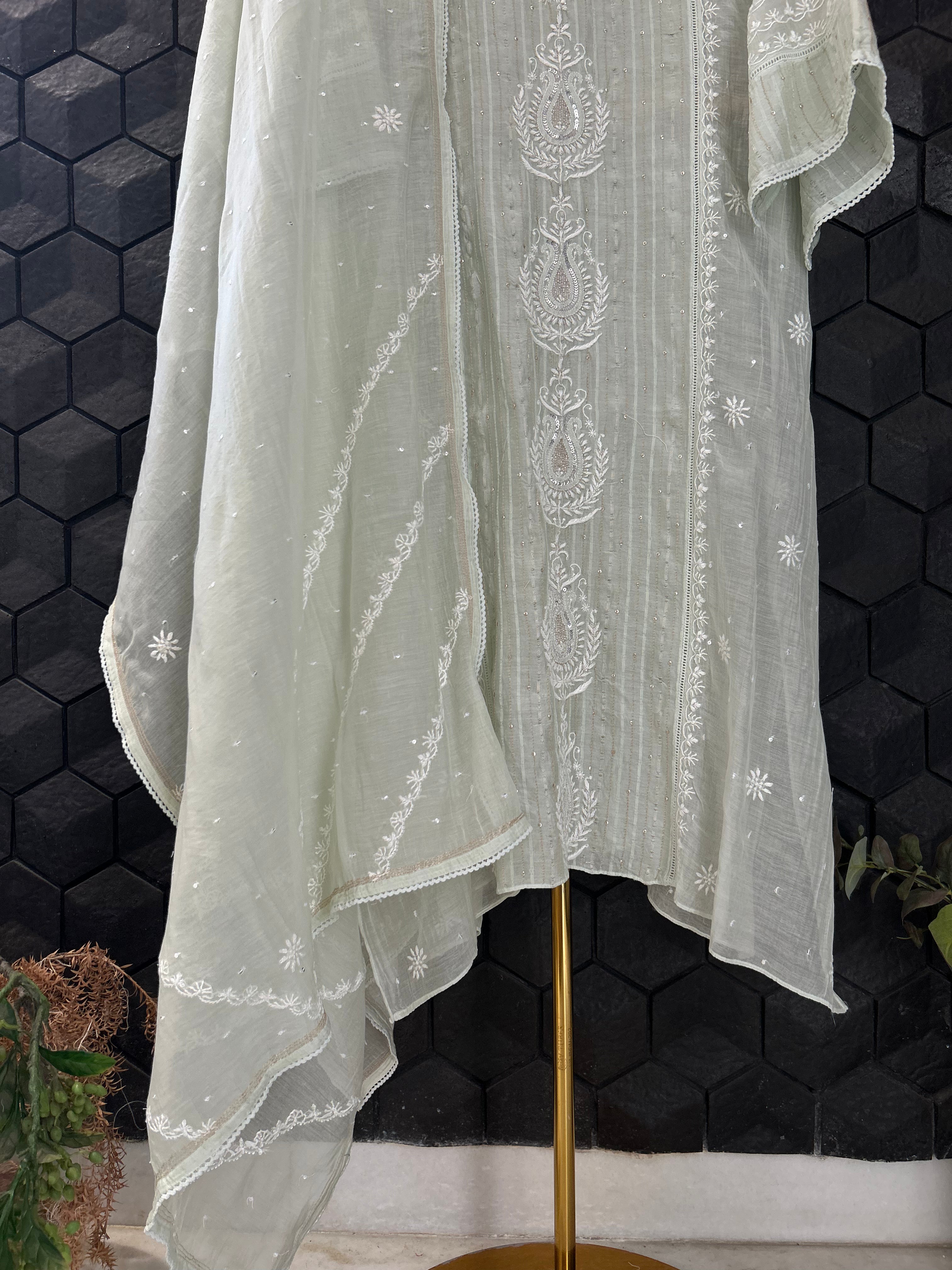 Green Mul Chanderi Chikankari Kurta Set