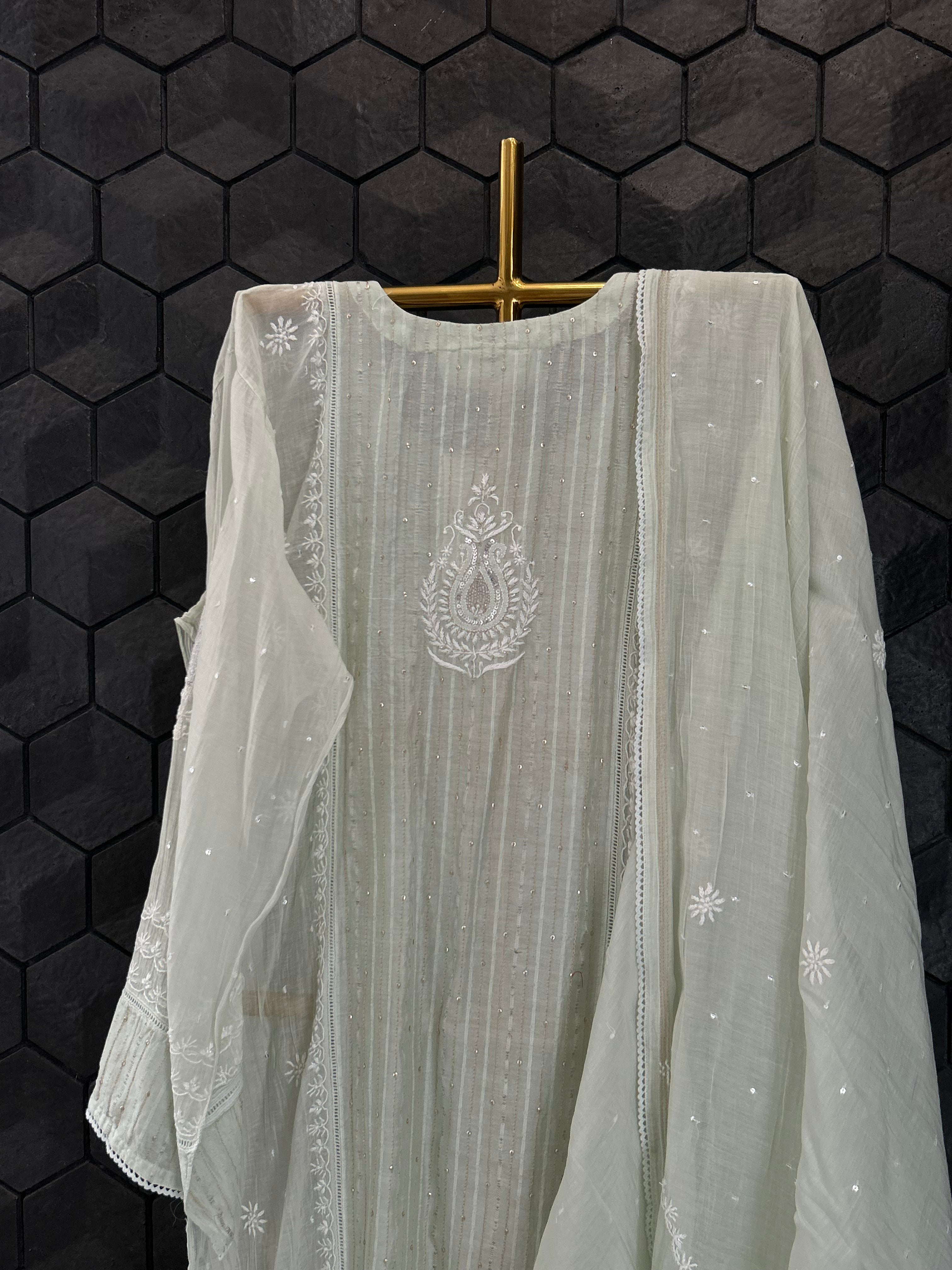 Green Mul Chanderi Chikankari Kurta Set