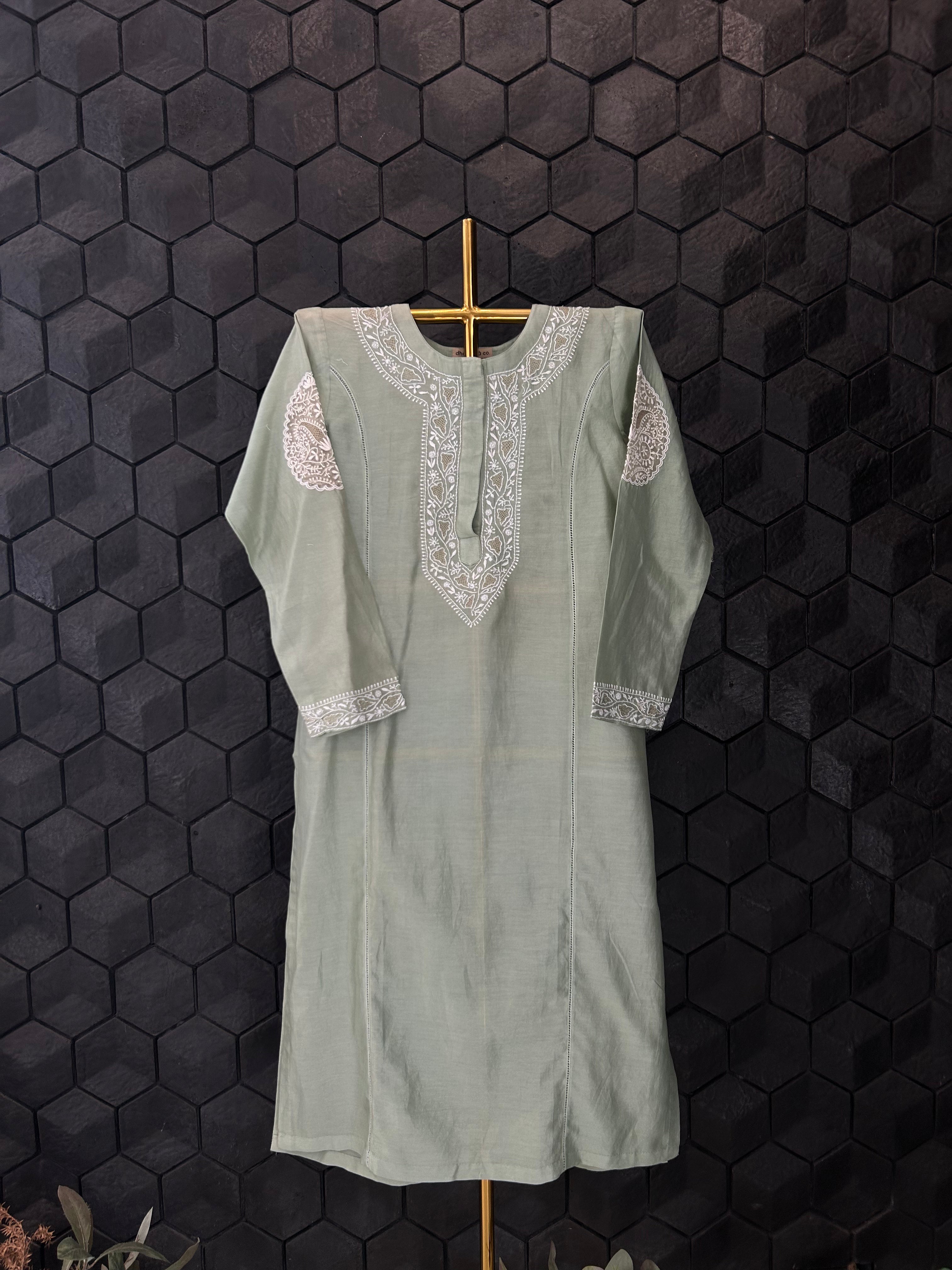 Sage Green Chanderi Chikankari Co-ord sets